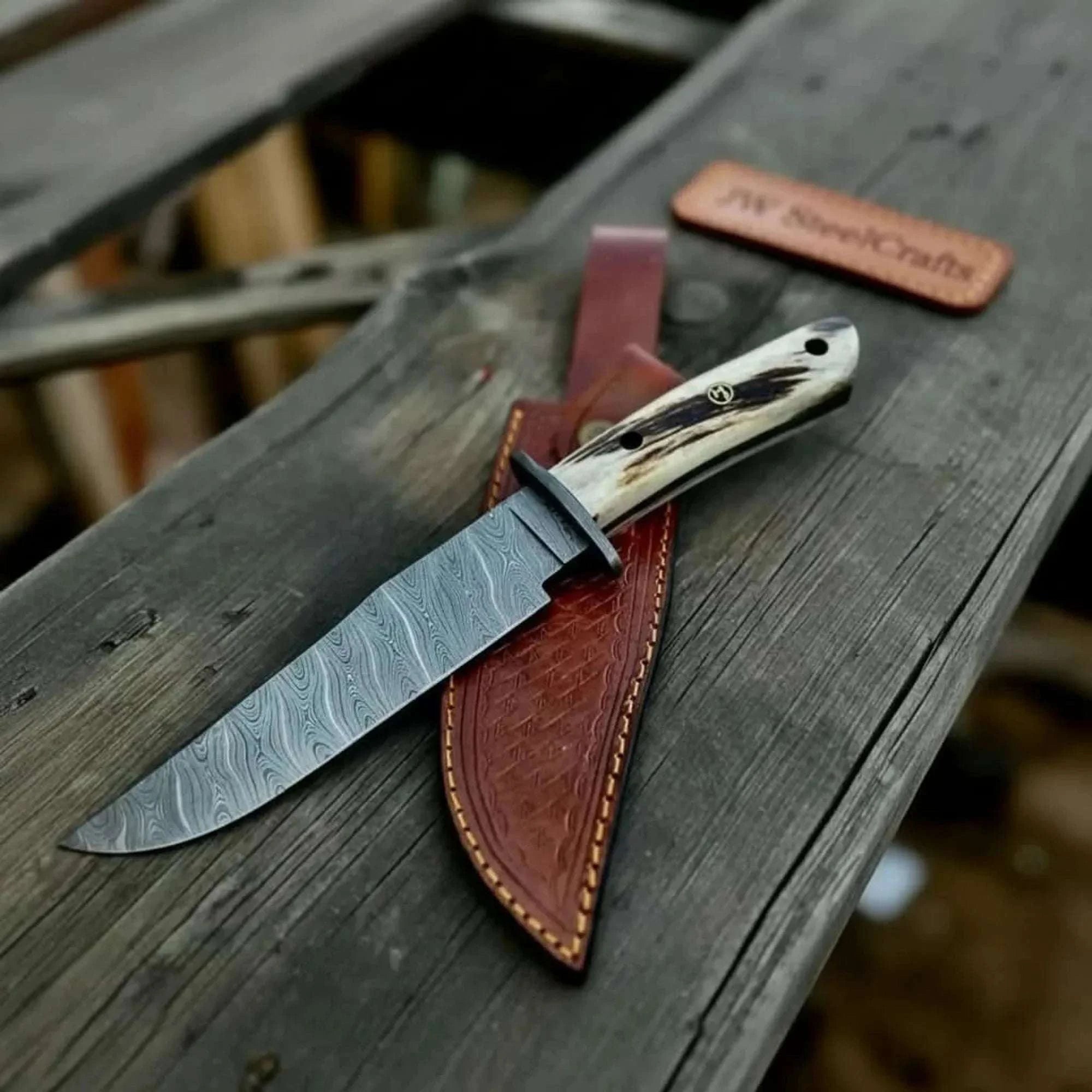 Palmarius Outdoors Handmade Damascus Hunting Knife with Stag Antler Bowie Blade Damascus Bowie Knives
