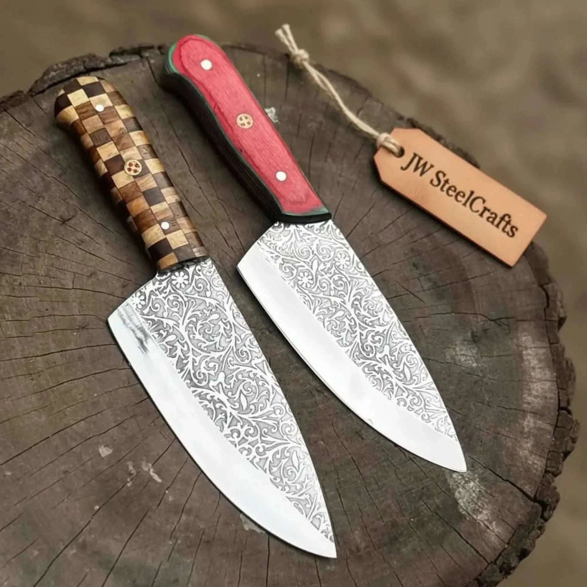 Palmarius Outdoors Acid-Etched Chef Knife with Red Pakka Wood & Checker Brown Wood Handle Chef Knives