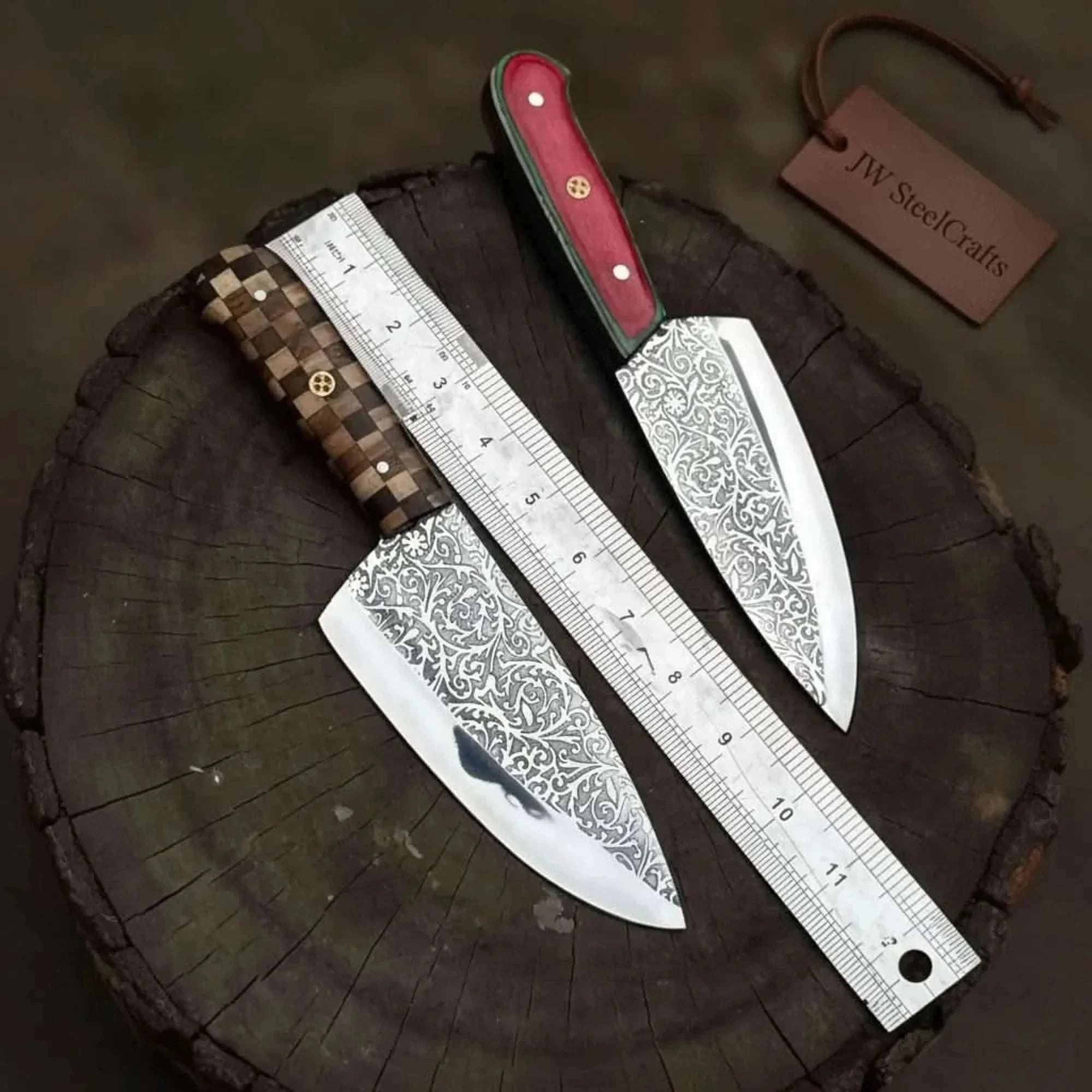 Palmarius Outdoors Acid-Etched Chef Knife with Red Pakka Wood & Checker Brown Wood Handle Chef Knives
