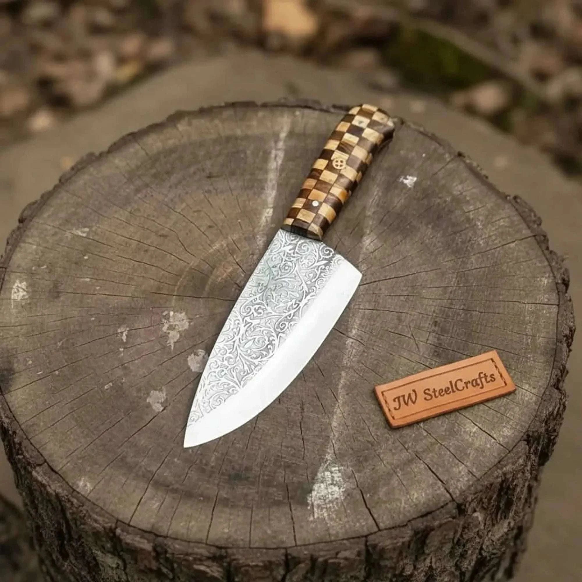 Palmarius Outdoors Acid-Etched Chef Knife with Red Pakka Wood & Checker Brown Wood Handle Chef Knives