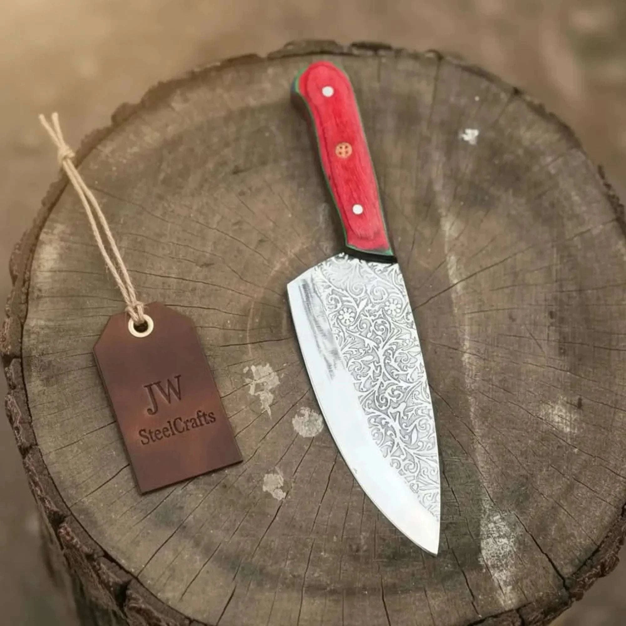 Palmarius Outdoors Acid-Etched Chef Knife with Red Pakka Wood & Checker Brown Wood Handle Chef Knives