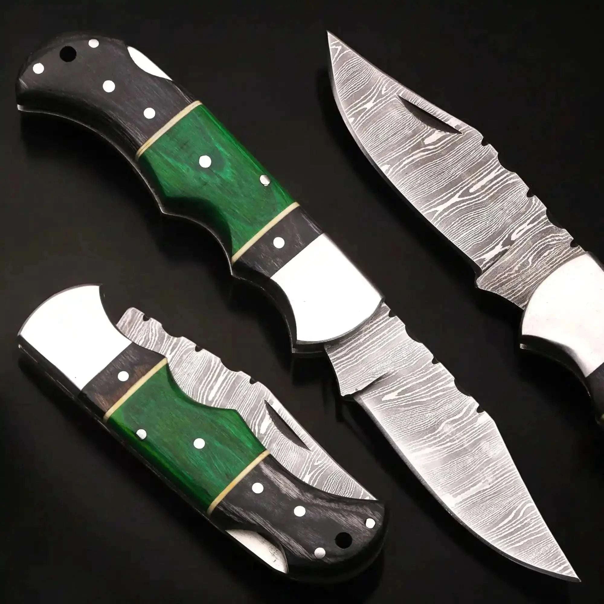 Palmarius Outdoors Green-Trail Damascus Pocket Knife with Wood Grain Blade Back Lock Folder