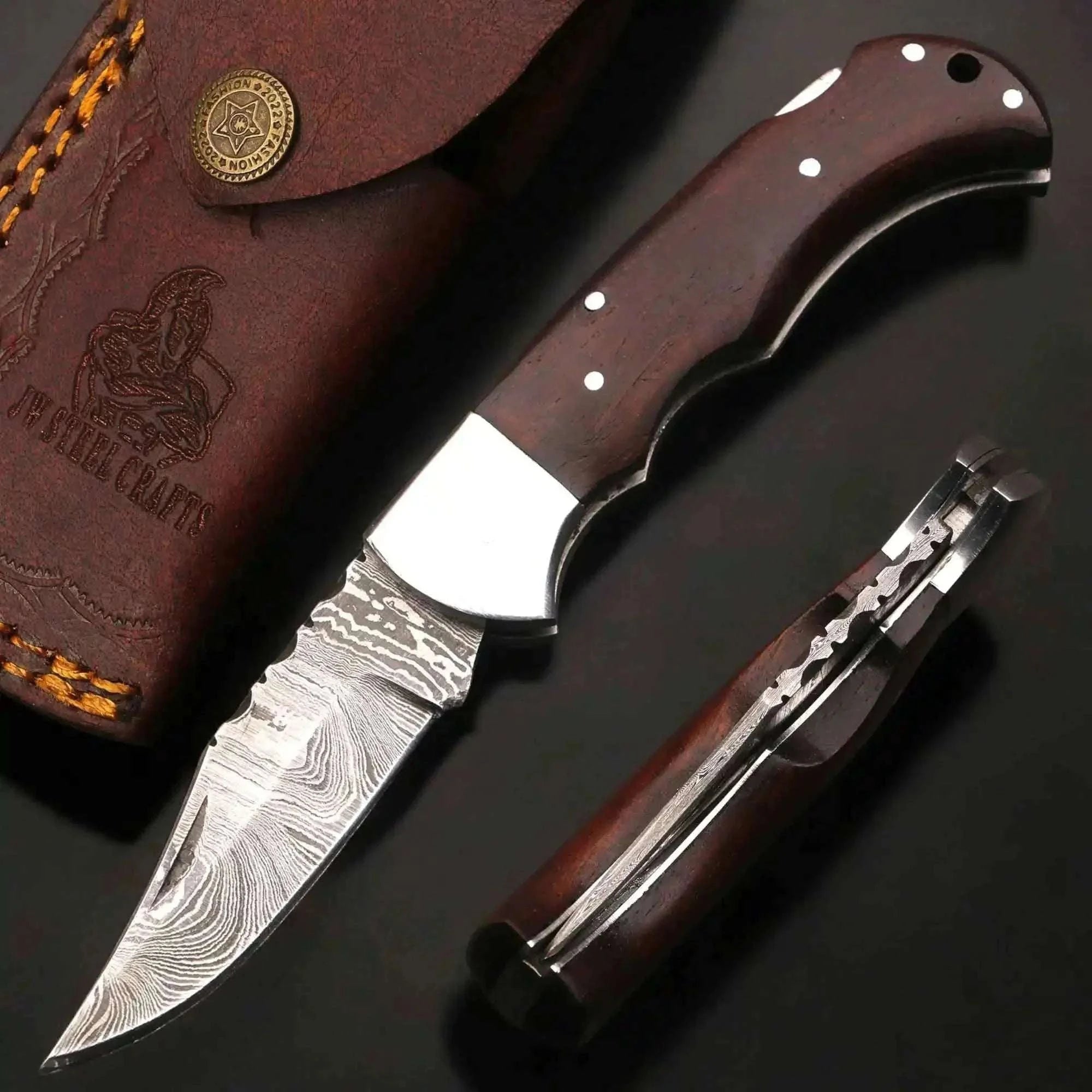 Palmarius Outdoors Damascus Rosewood Folding Knife with Lockback and Leather Sheath Back Lock Folder