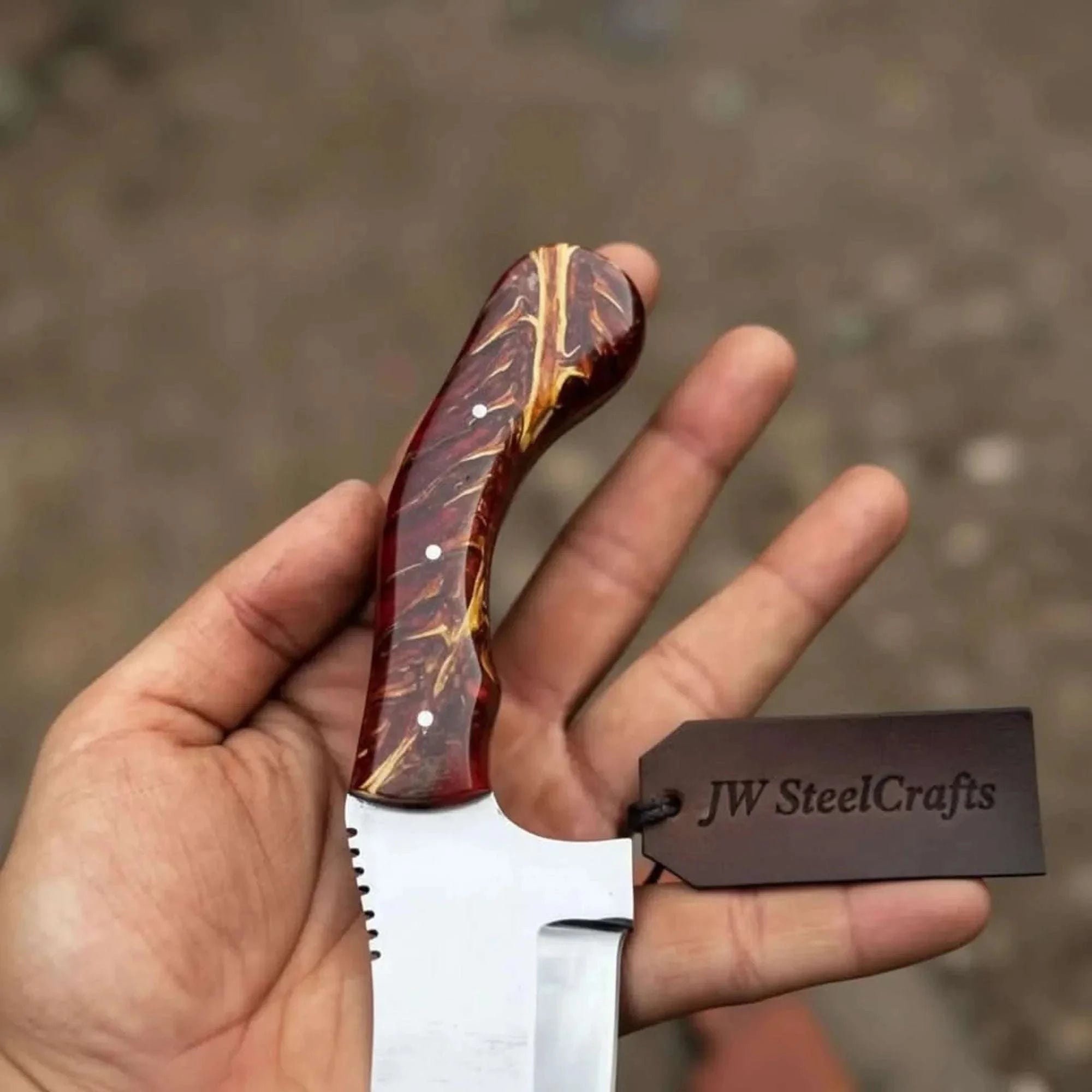 Palmarius Outdoors Stainless Steel Sheepsfoot Outdoor Knife Brown Orange Swirl Resin Handle Skinner Knife