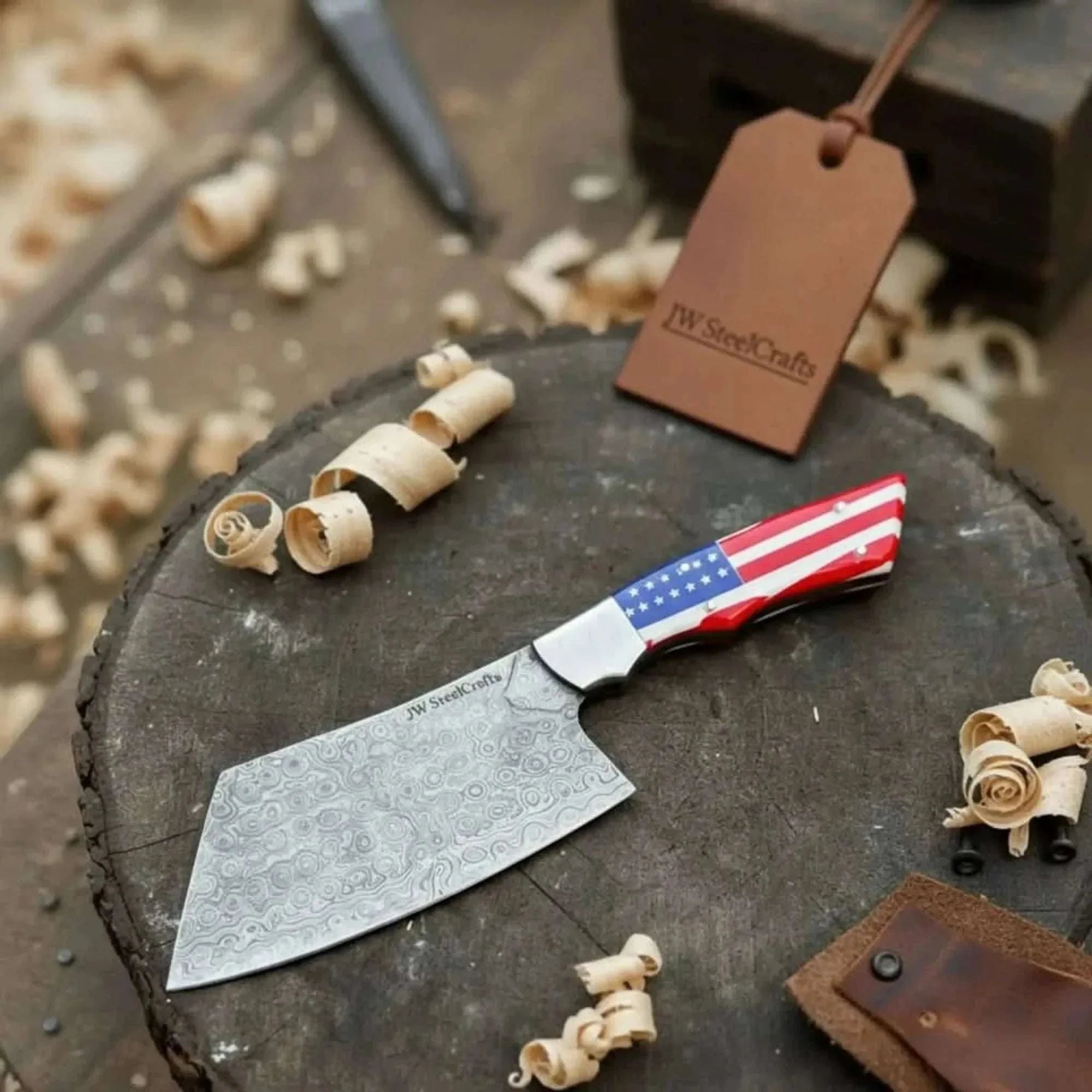 Palmarius Outdoors Ko Bunka Damascus Knife Reverse Tanto USA Flag Handle Cleaver Knives