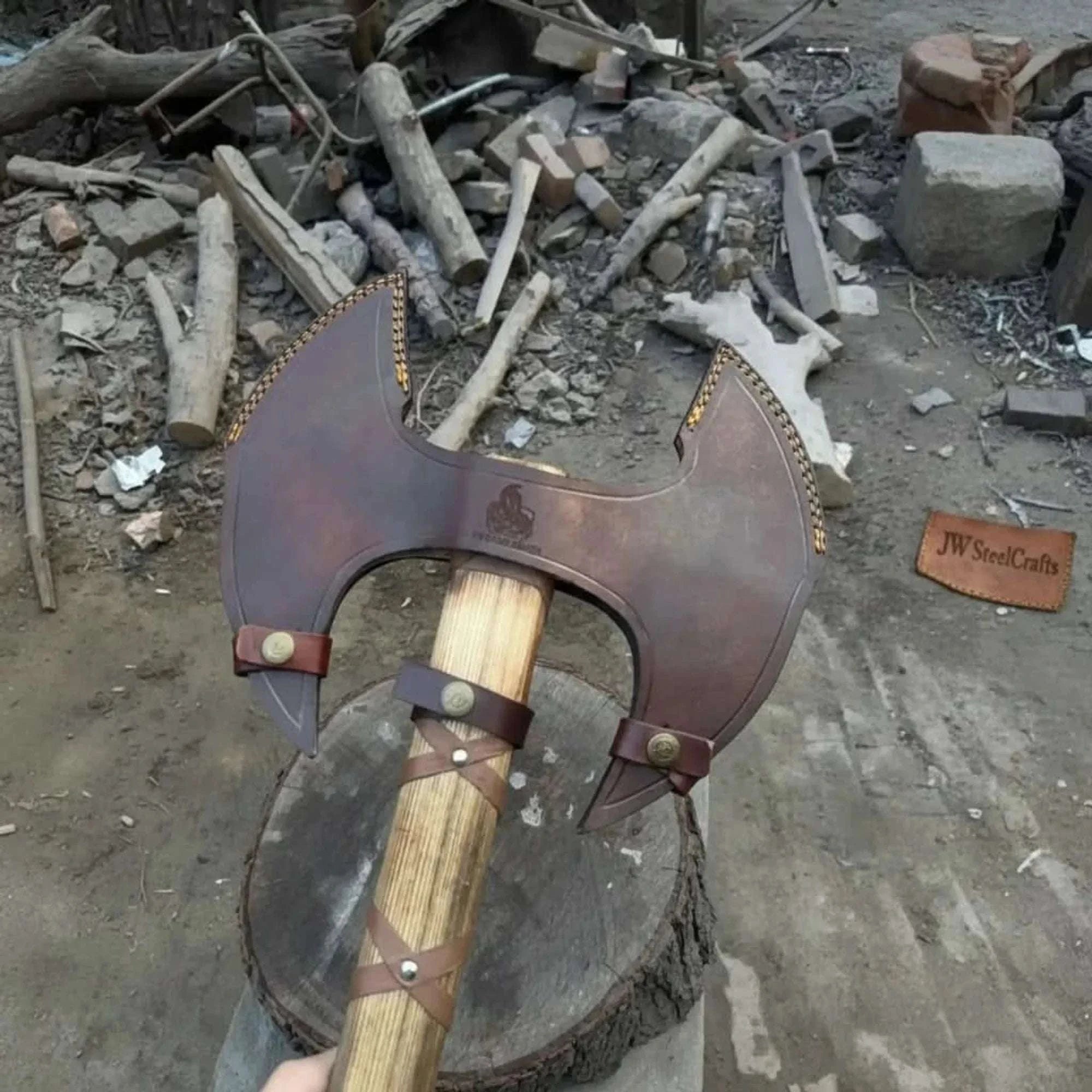 Palmarius Outdoors Handcrafted Double-Head Decorative Axe with Wooden Handle – JW SteelCrafts Handmade Axe
