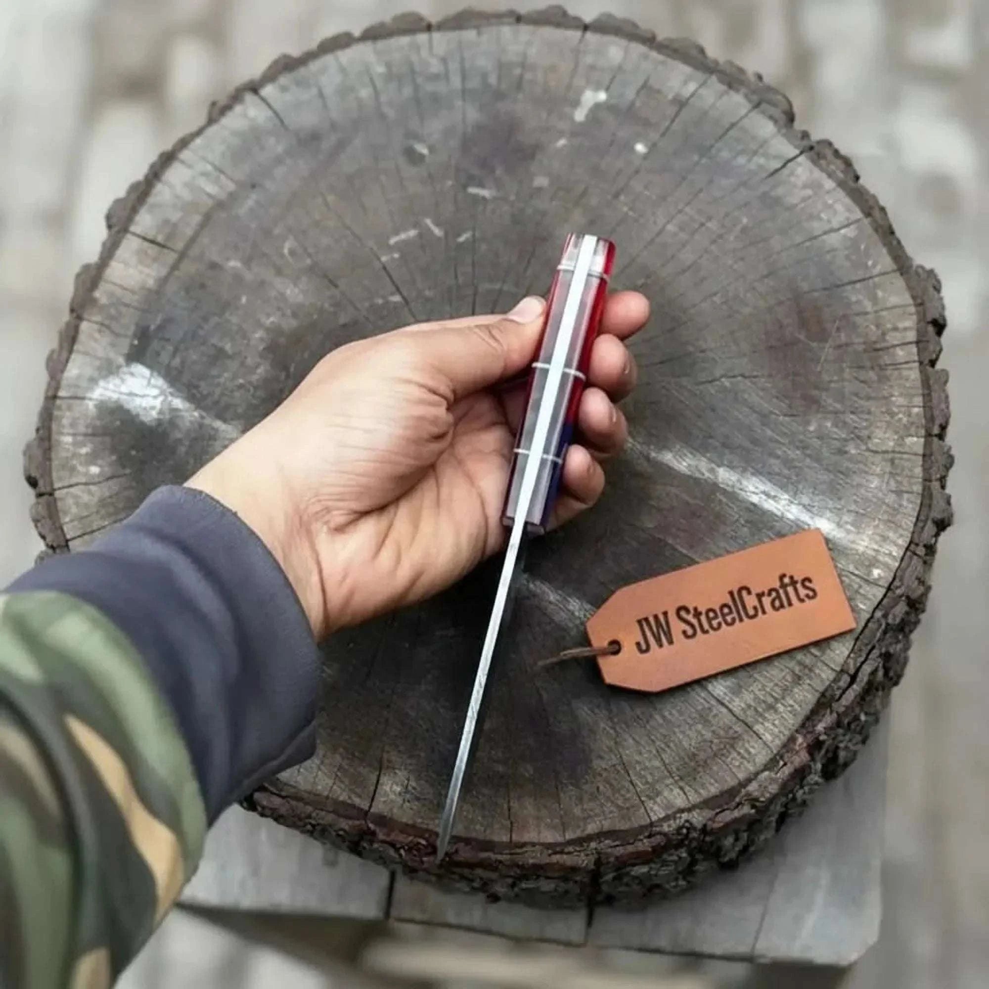 Palmarius Outdoors Damascus Steel USA Flag Outdoor Knife — Wave Pattern Blade, American Flag Resin Handle Skinner Knife