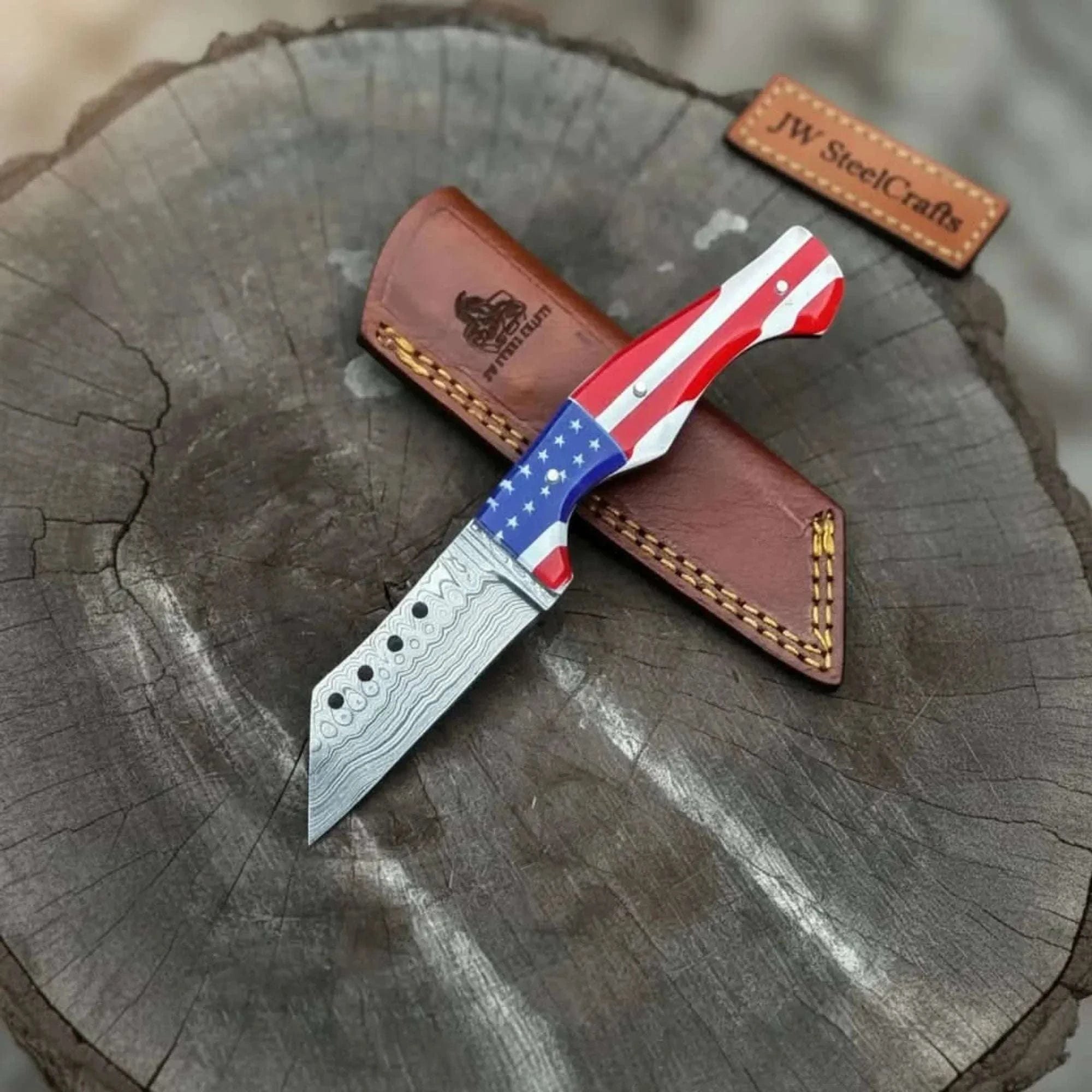 Palmarius Outdoors Damascus Tanto Fixed Blade Knife with American Flag Resin Handle, and Leather Sheath Tanto Knife