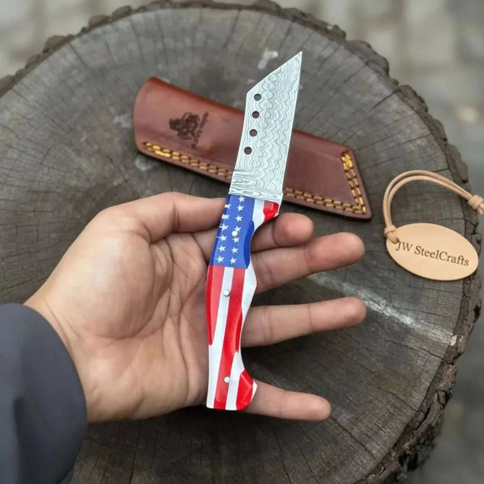 Palmarius Outdoors Damascus Tanto Fixed Blade Knife with American Flag Resin Handle, and Leather Sheath Tanto Knife