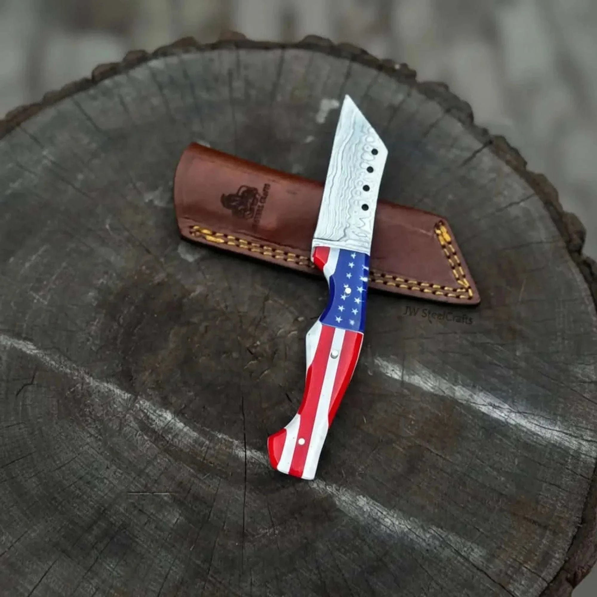 Palmarius Outdoors Damascus Tanto Fixed Blade Knife with American Flag Resin Handle, and Leather Sheath Tanto Knife
