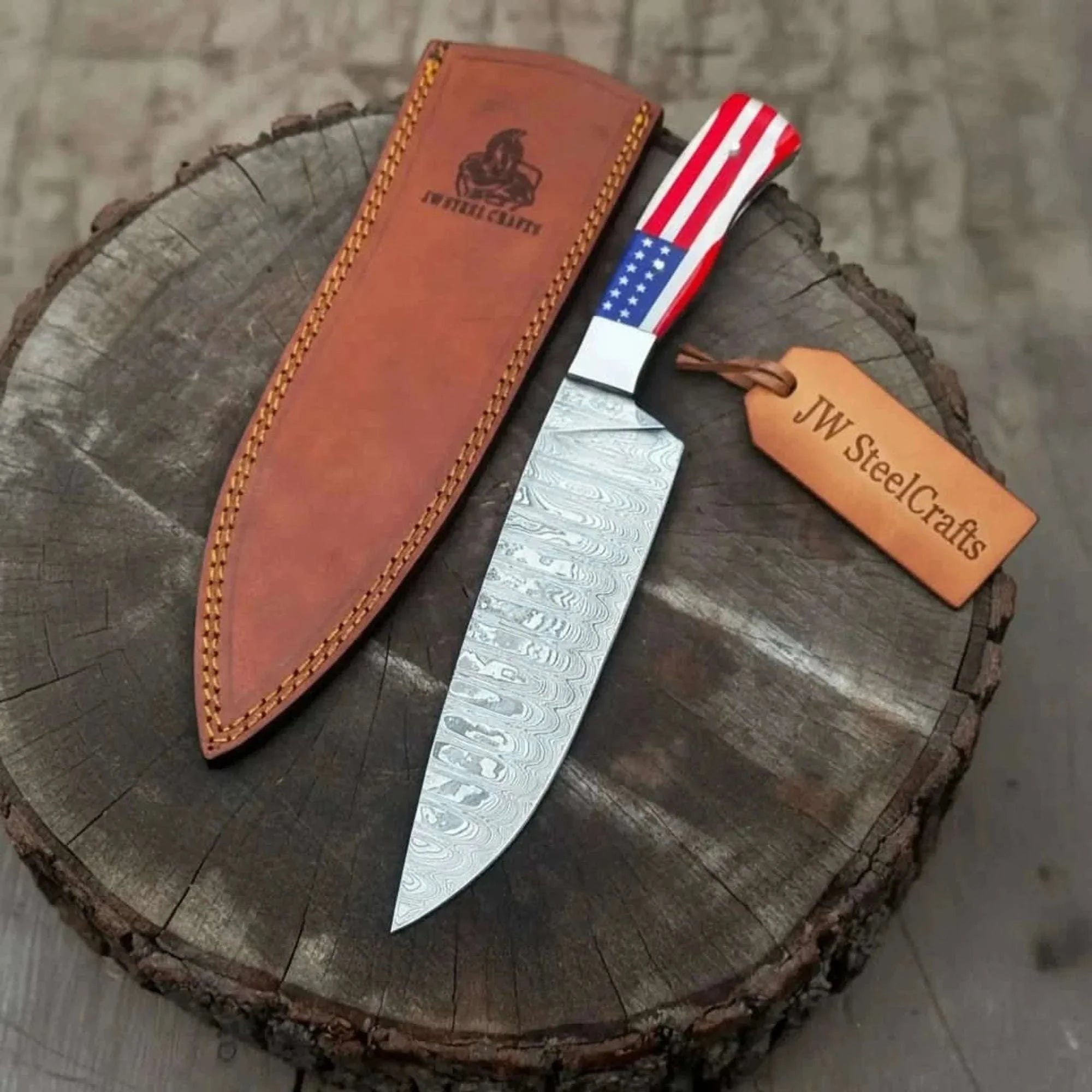 Palmarius Outdoors Damascus Chef Knife USA Flag Resin Handle | Hand-Forged Performance Blade Damascus Steel Chef Knives