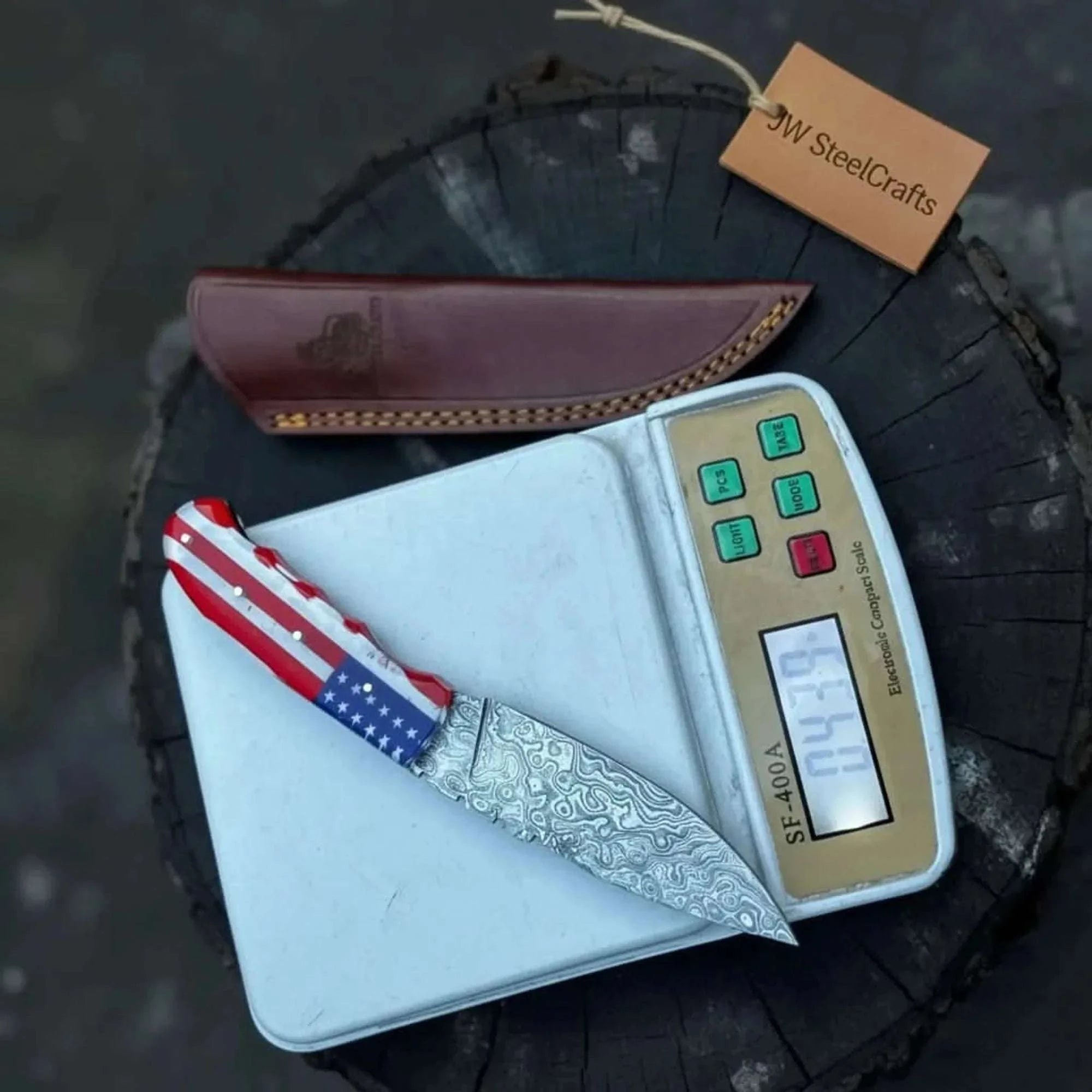 Palmarius Outdoors Damascus Steel USA Flag Handle Knife 5-Inch Raindrop, & Leather Sheath Hunting Knife