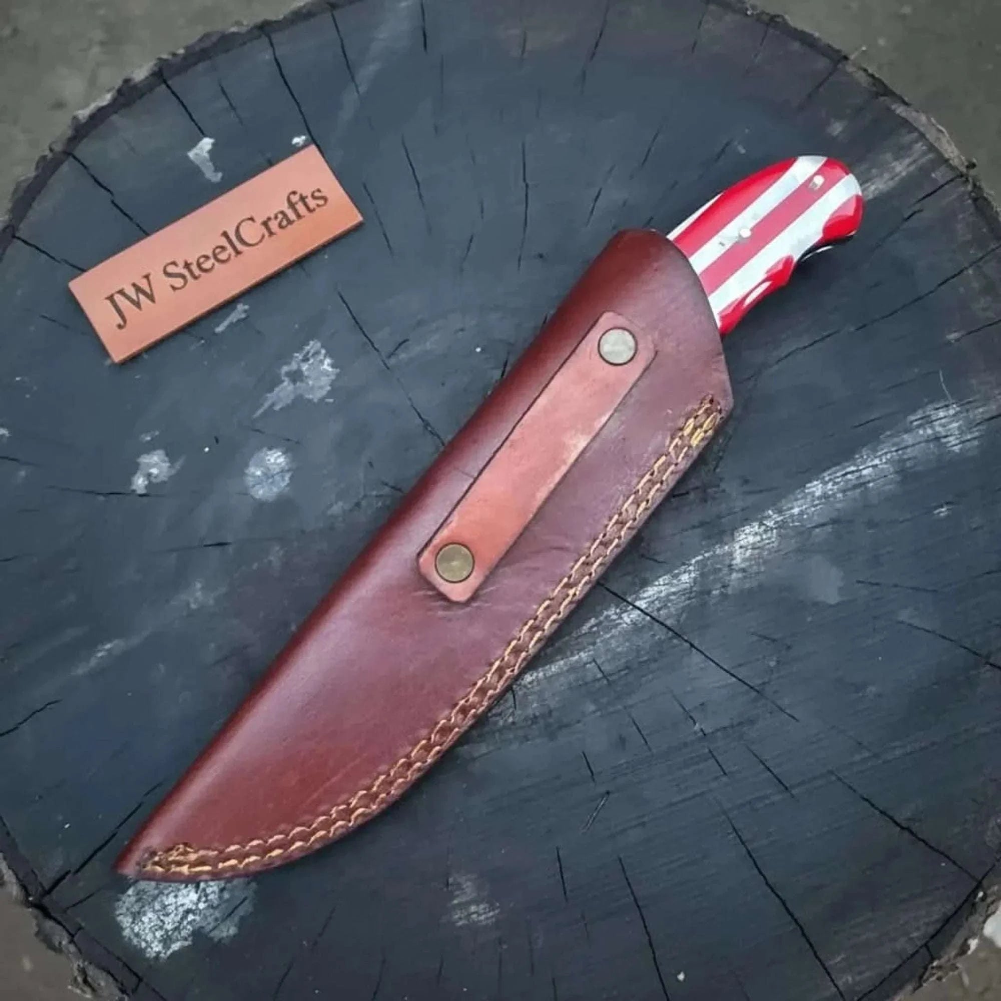 Palmarius Outdoors Damascus Steel USA Flag Handle Knife 5-Inch Raindrop, & Leather Sheath Hunting Knife