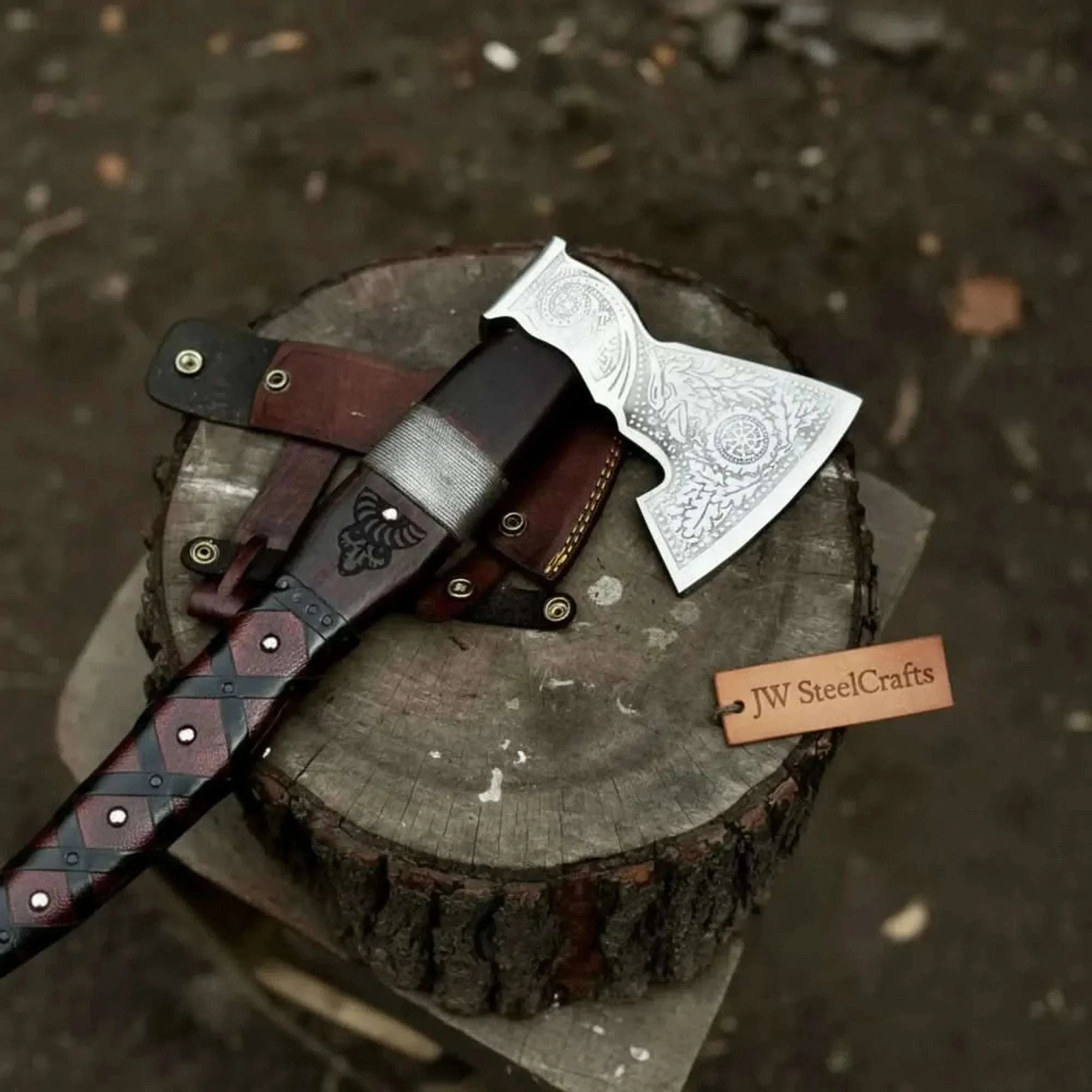 Palmarius Outdoors Viking Bearded Axe with Norse Engraved Blade and Leather Sheath Handmade Axe