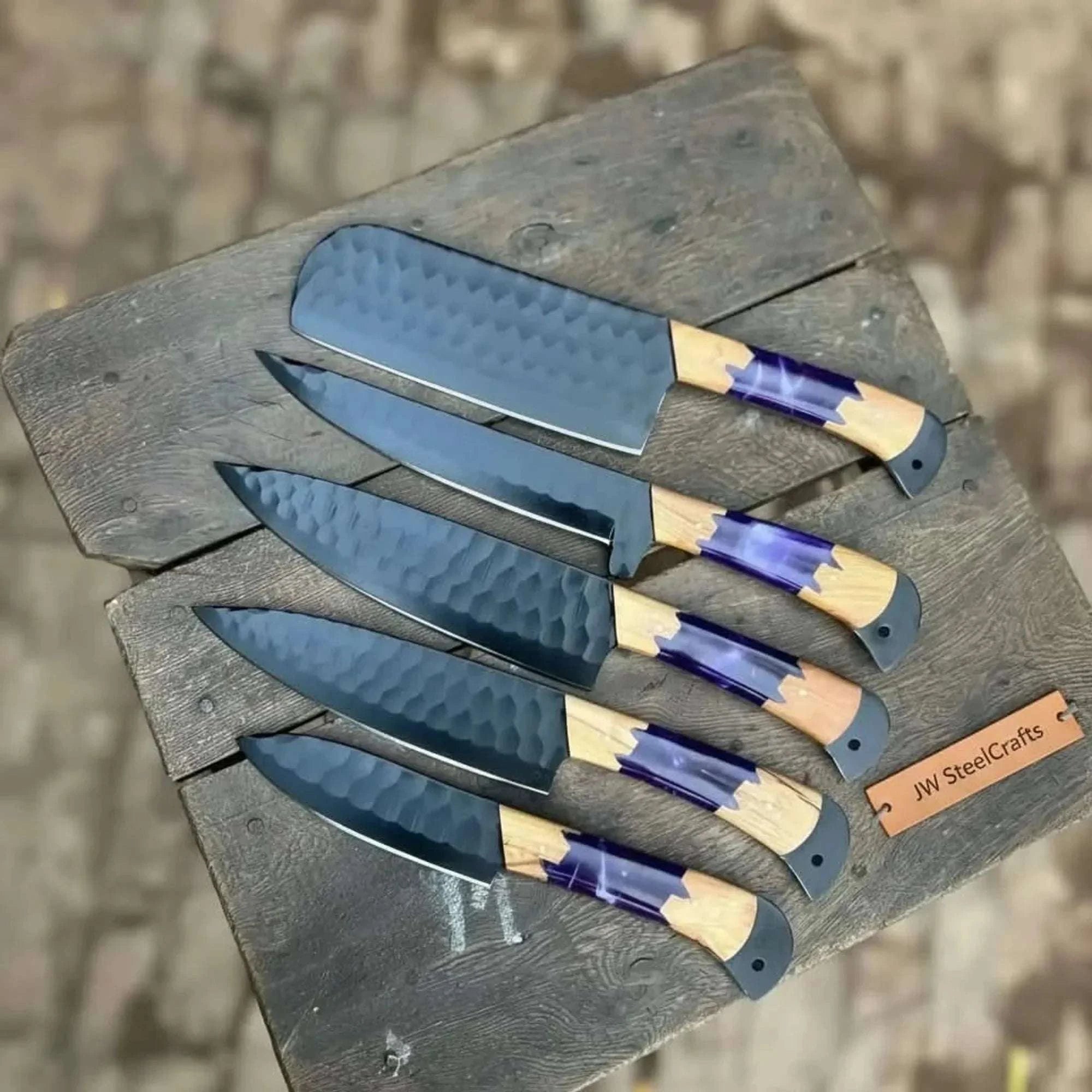 Palmarius Outdoors 5-Piece Chef Knife Set with Hammered Black Blades, Purple Resin & Olive Wood Handles Handmade Chef Knife Sets