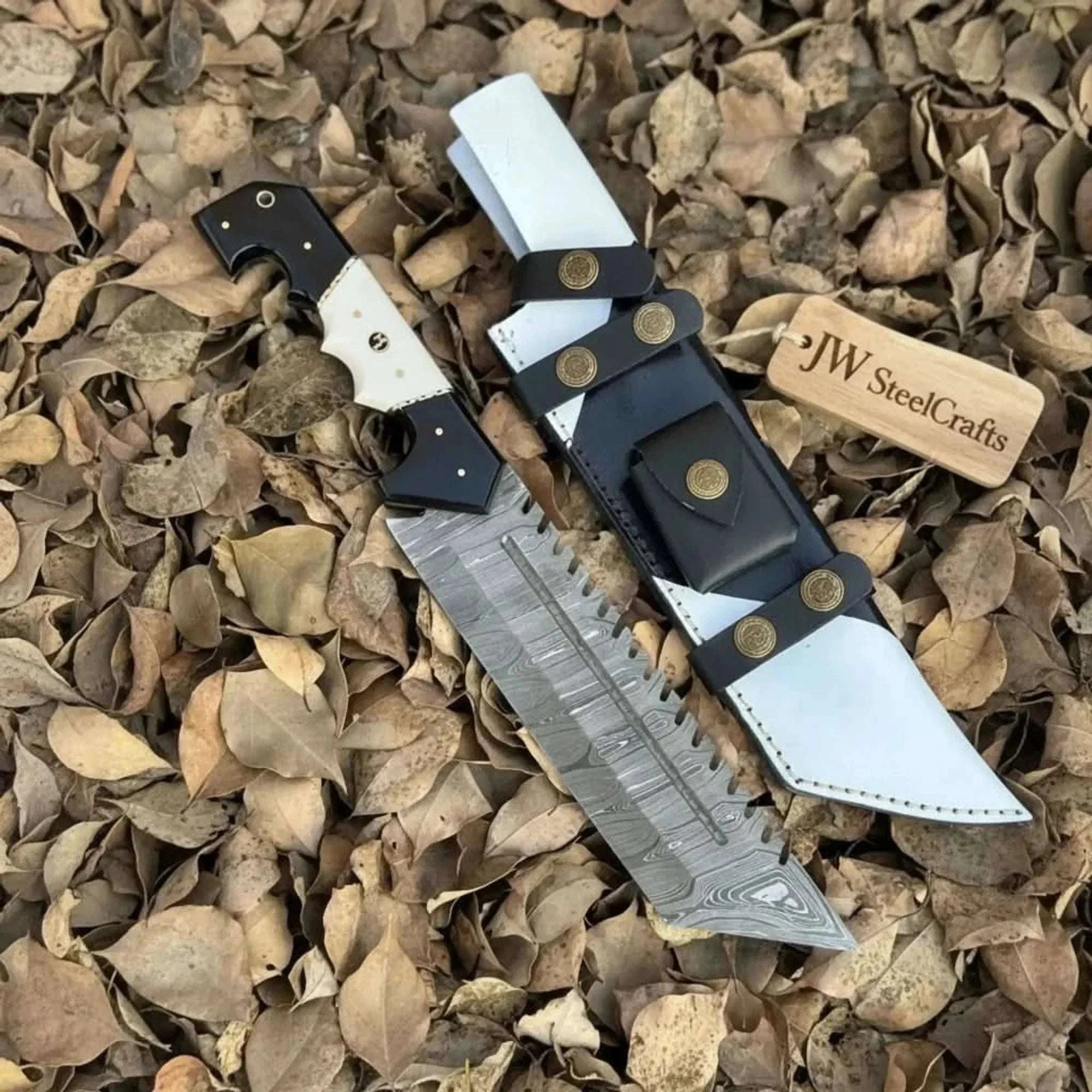 Palmarius Outdoors Damascus Steel Tracker Knife with Dual-Tone Bone & Black Handle | Handmade Leather Sheath Handmade Tracker Knives