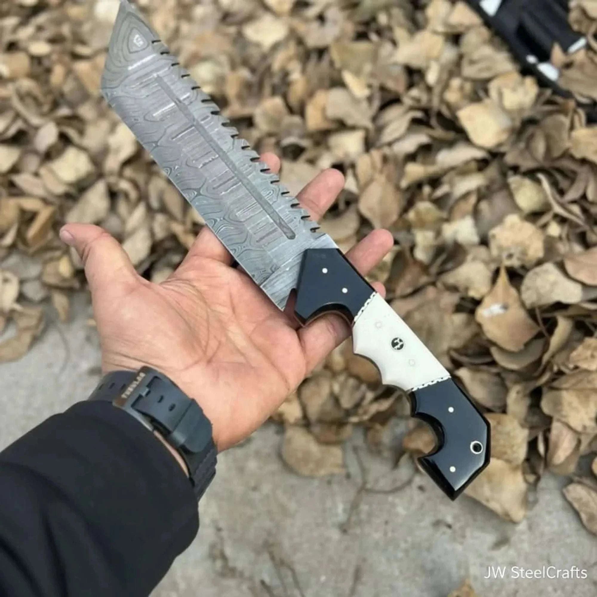 Palmarius Outdoors Damascus Steel Tracker Knife with Dual-Tone Bone & Black Handle | Handmade Leather Sheath Handmade Tracker Knives
