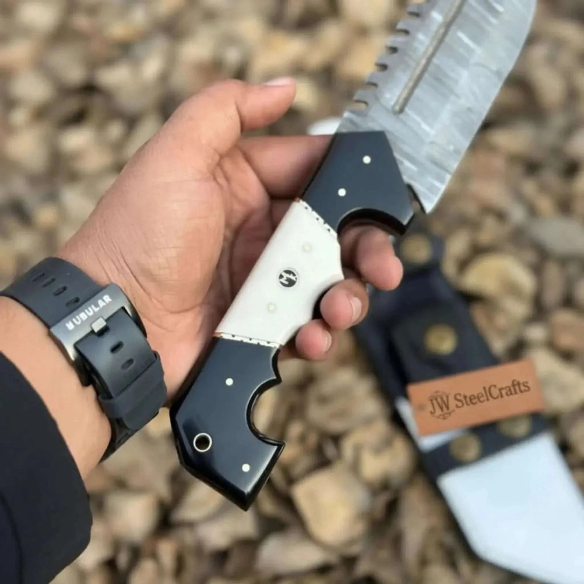 Palmarius Outdoors Damascus Steel Tracker Knife with Dual-Tone Bone & Black Handle | Handmade Leather Sheath Handmade Tracker Knives