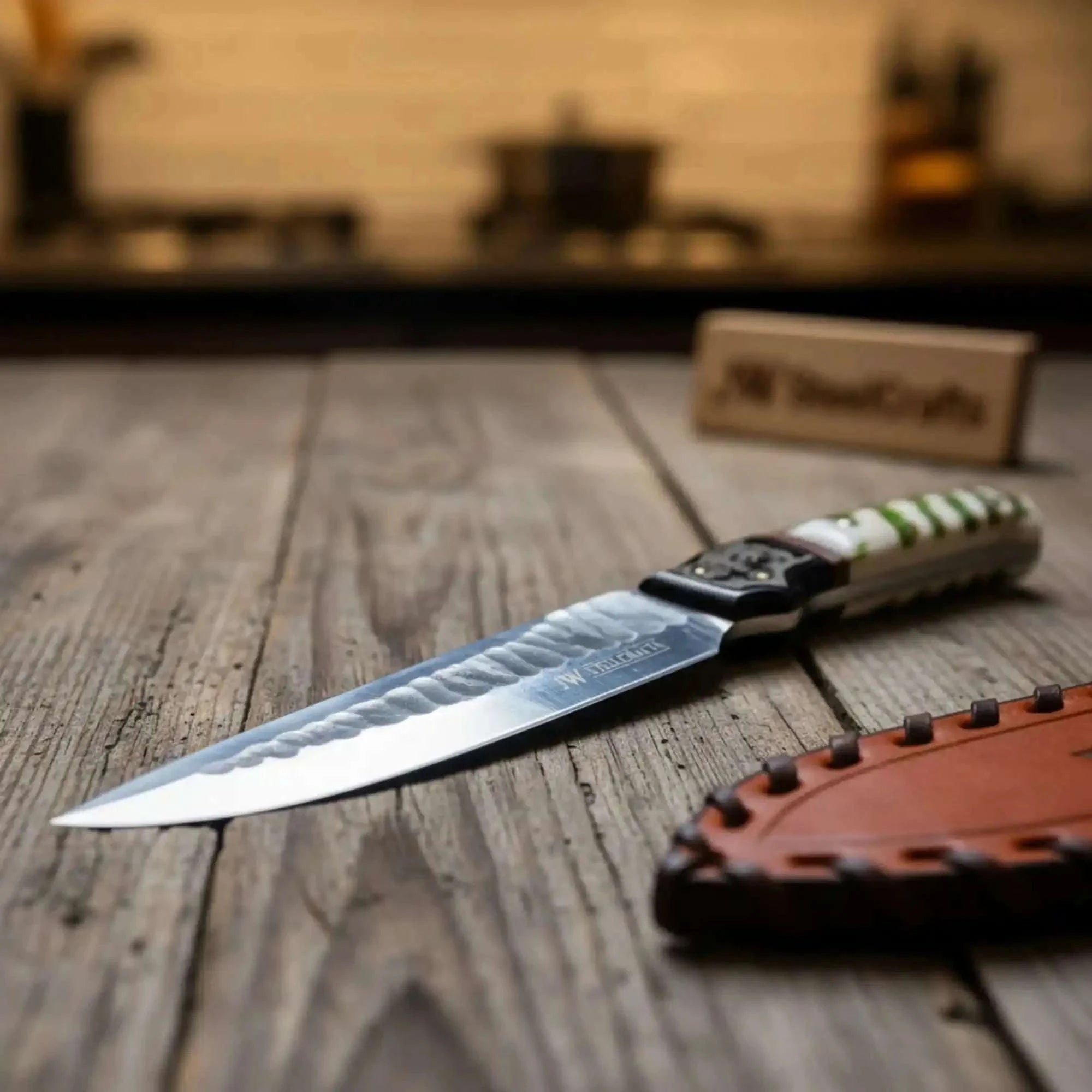 Palmarius Outdoors 10-Inch Hammered Spear Point Survival Knife — Ram Horn Black Resin Handle, Tiger Engraved Copper Bolster & Leather Sheath Survival Knife