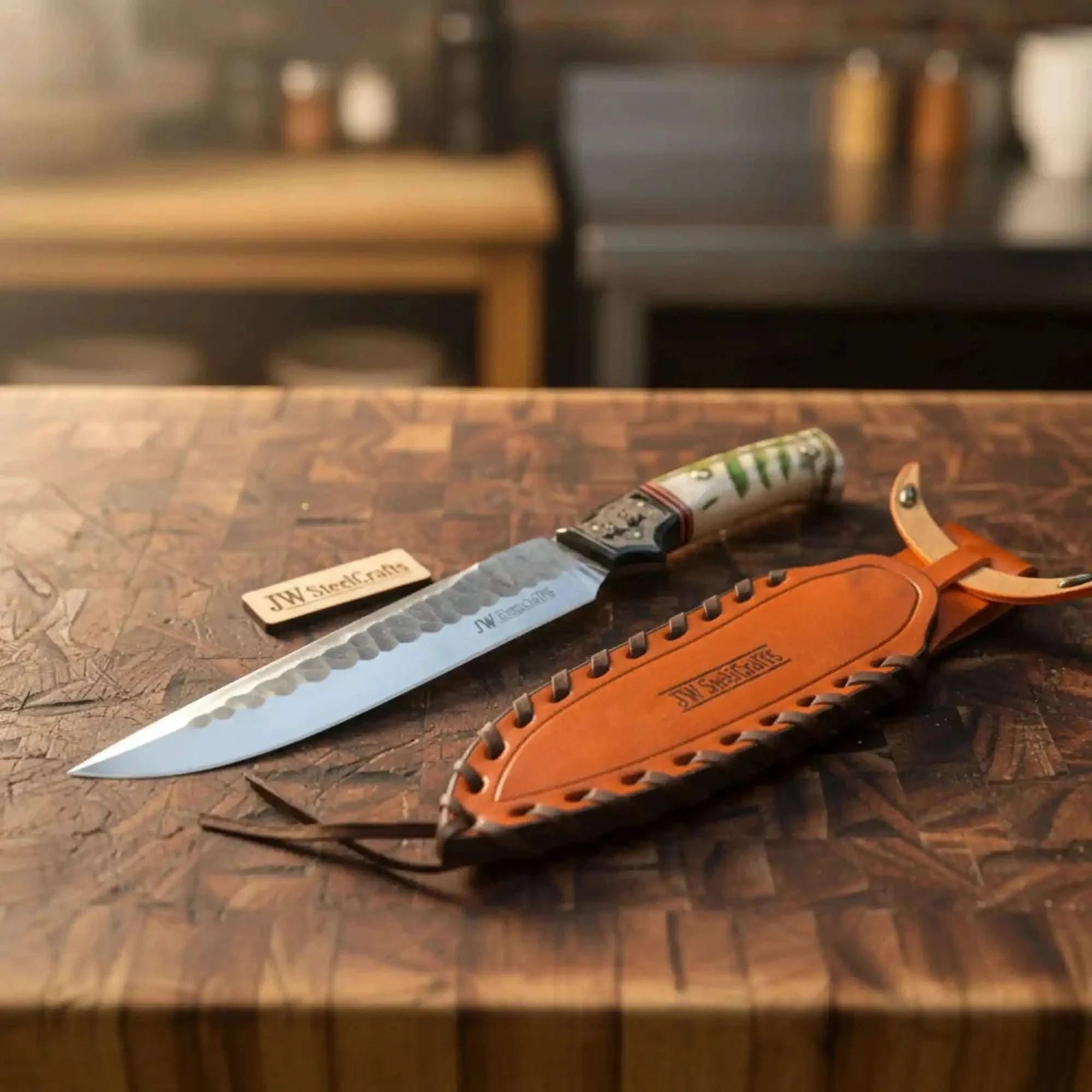 Palmarius Outdoors 10-Inch Hammered Spear Point Survival Knife — Ram Horn Black Resin Handle, Tiger Engraved Copper Bolster & Leather Sheath Survival Knife
