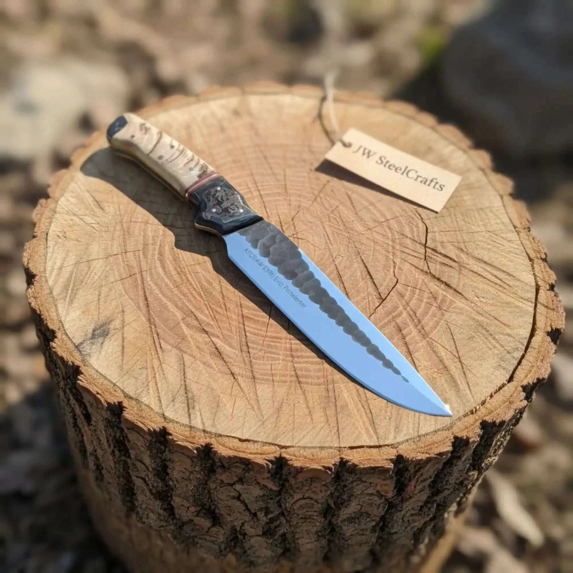 Palmarius Outdoors High Carbon Steel Fixed Blade Knife — Hammered Drop Point Blade, Ram Horn & Black Resin Handle Hunting Knife
