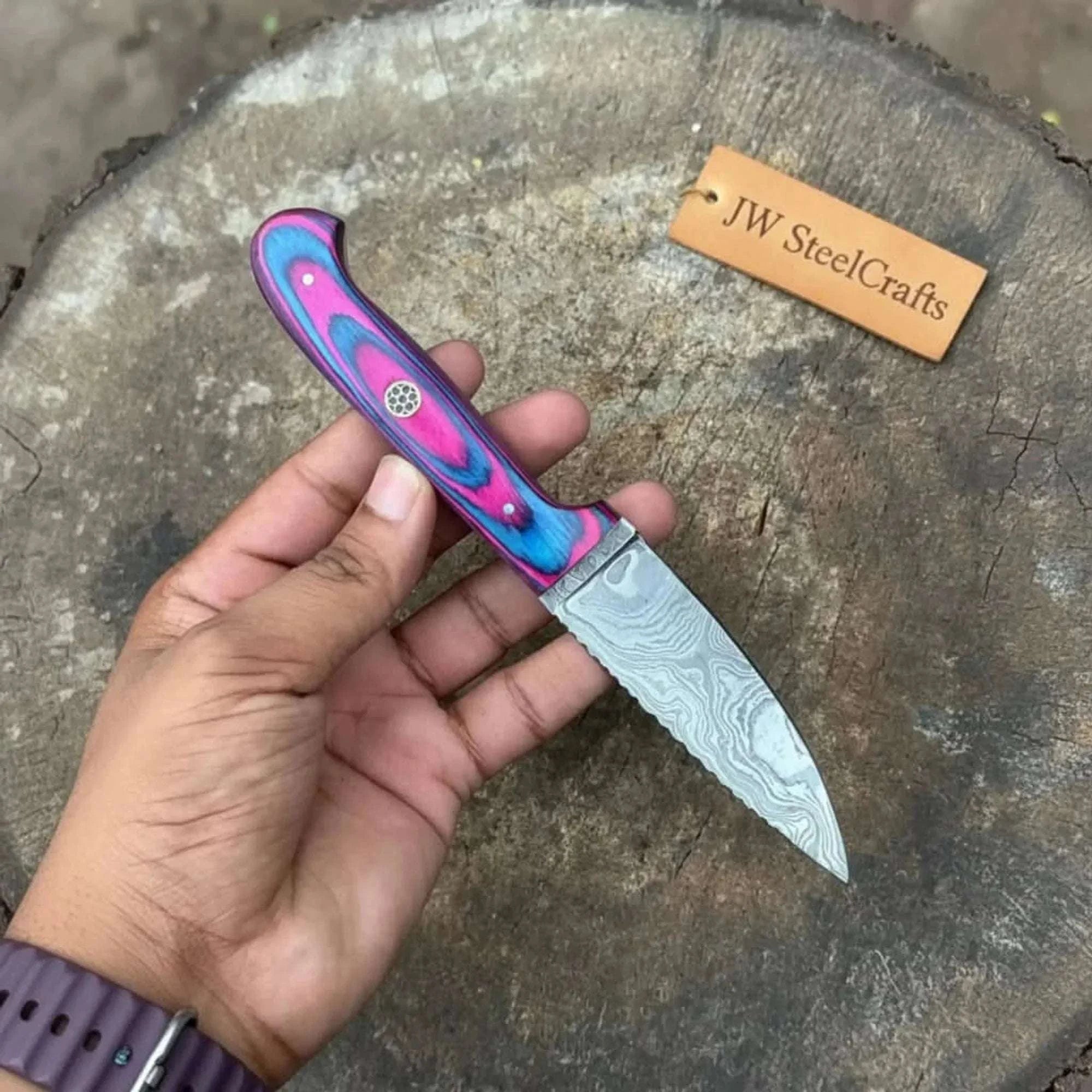 Palmarius Outdoors Damascus Steel Fixed Blade Knife Pink & Blue Pakka Wood Handle | JW SteelCrafts Hunting Knife