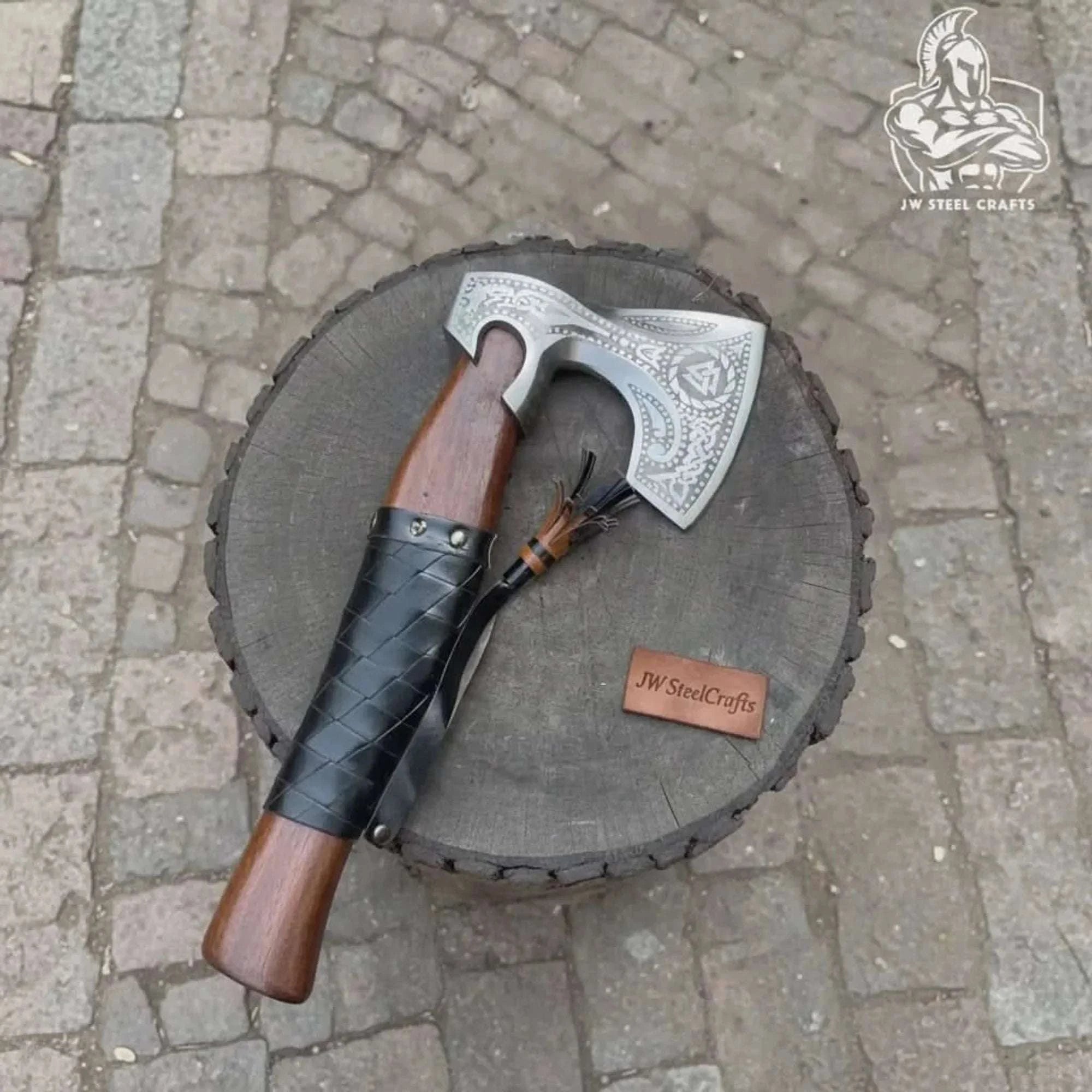 Palmarius Outdoors Viking Axe with Leather Wrapped Handle & Engraved Head – JW SteelCrafts Handmade Axe