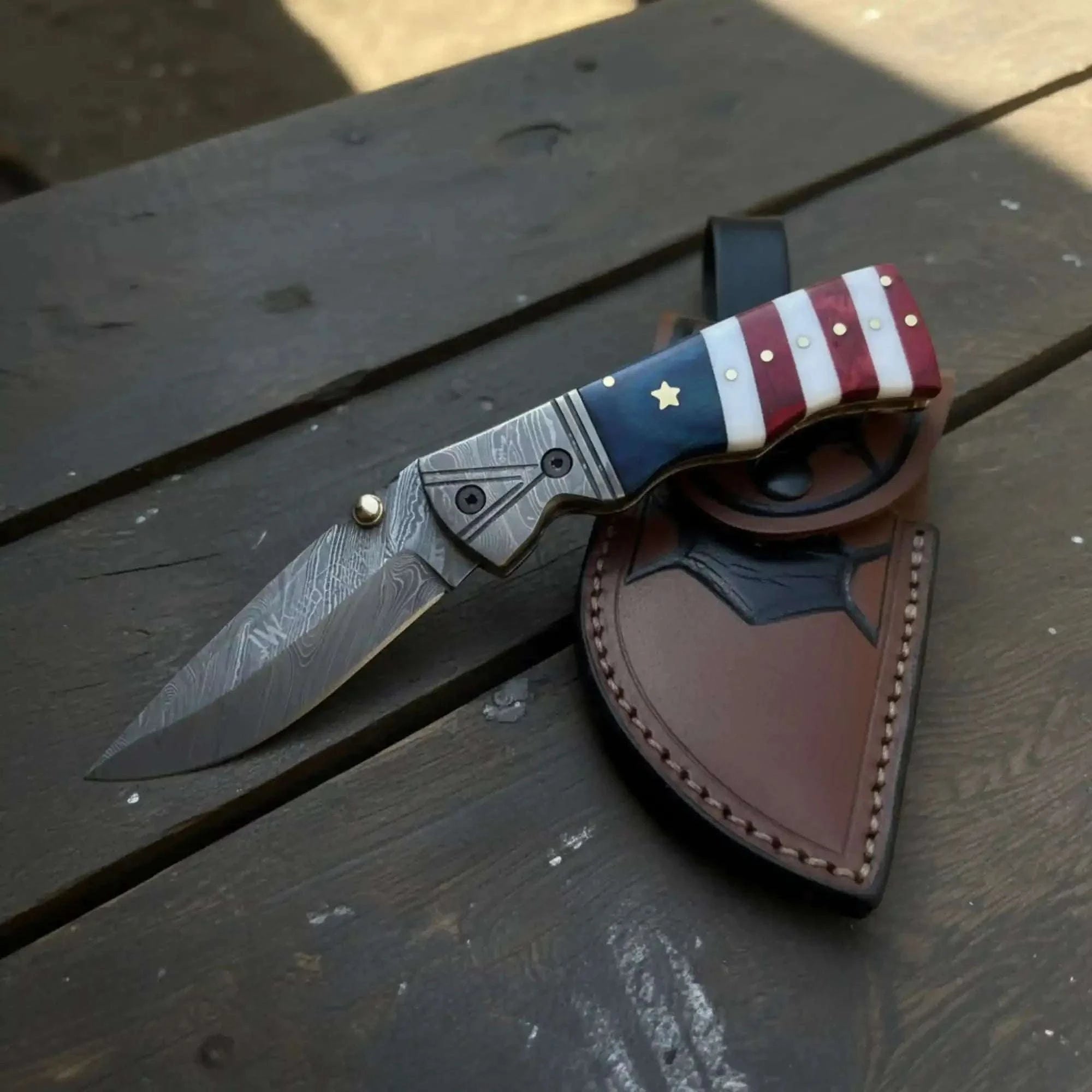 Palmarius Outdoors American Flag Damascus Folding Knife with Resin Handle Folding Knife