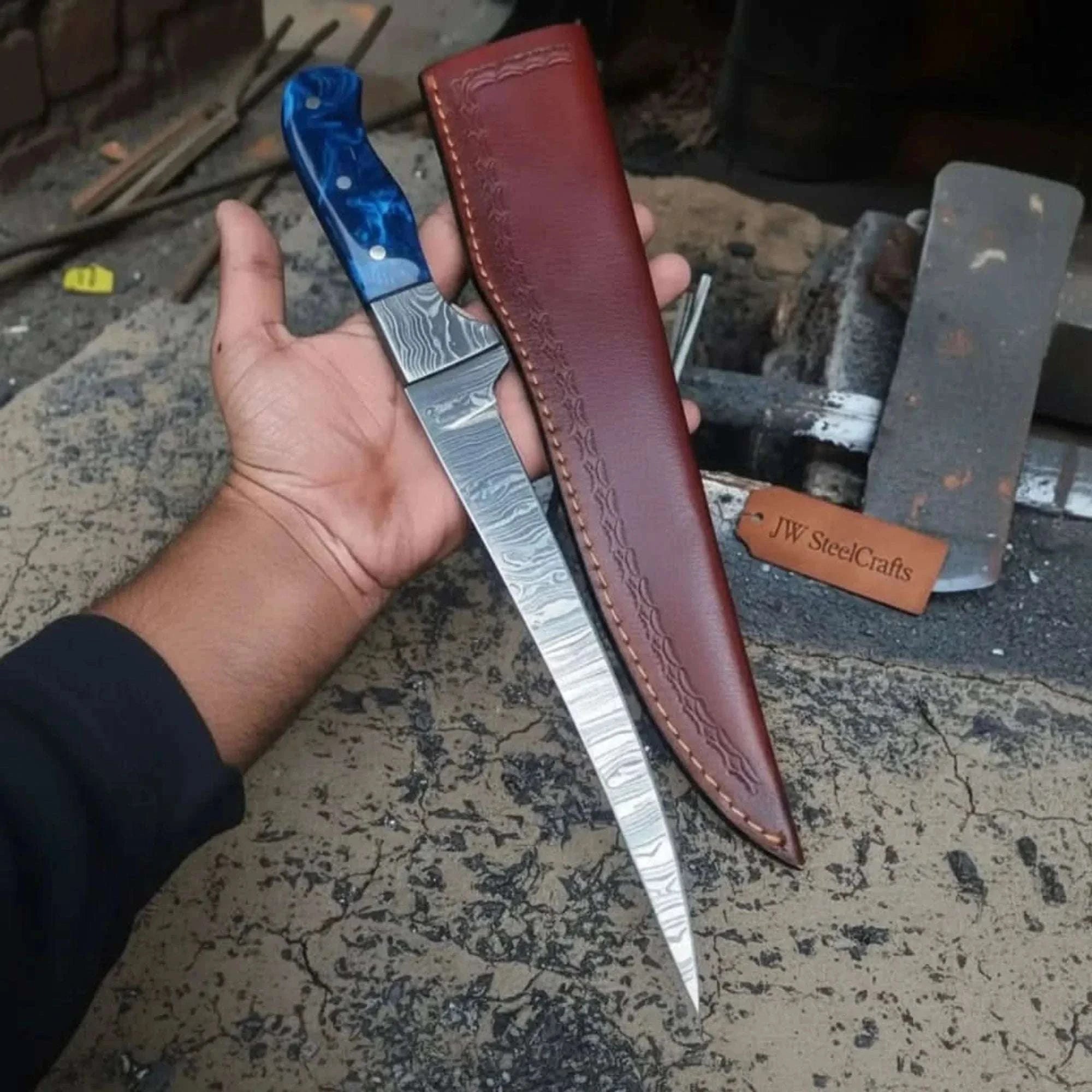 Palmarius Outdoors Hand-Forged 8 Inch Damascus Steel Fillet Knife with Blue Resin Handle, Full Tang with Leather Sheath Handmade Fillet Knives