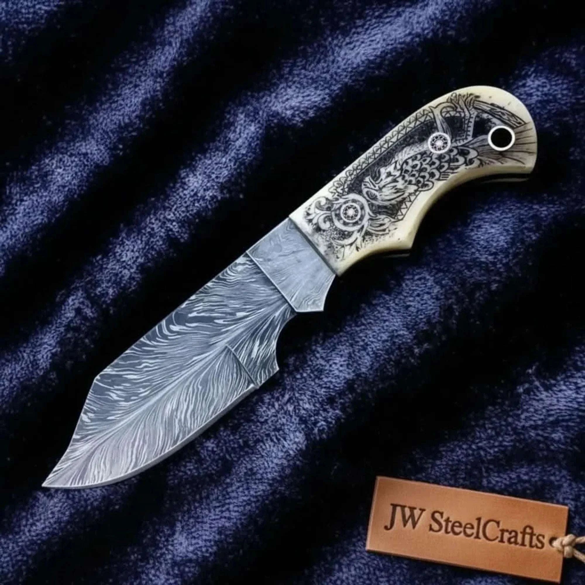 Palmarius Outdoors Handmade Damascus Drop Point Hunting Knife with Engraved Bone Handle and Leather Sheath Skinner Knife