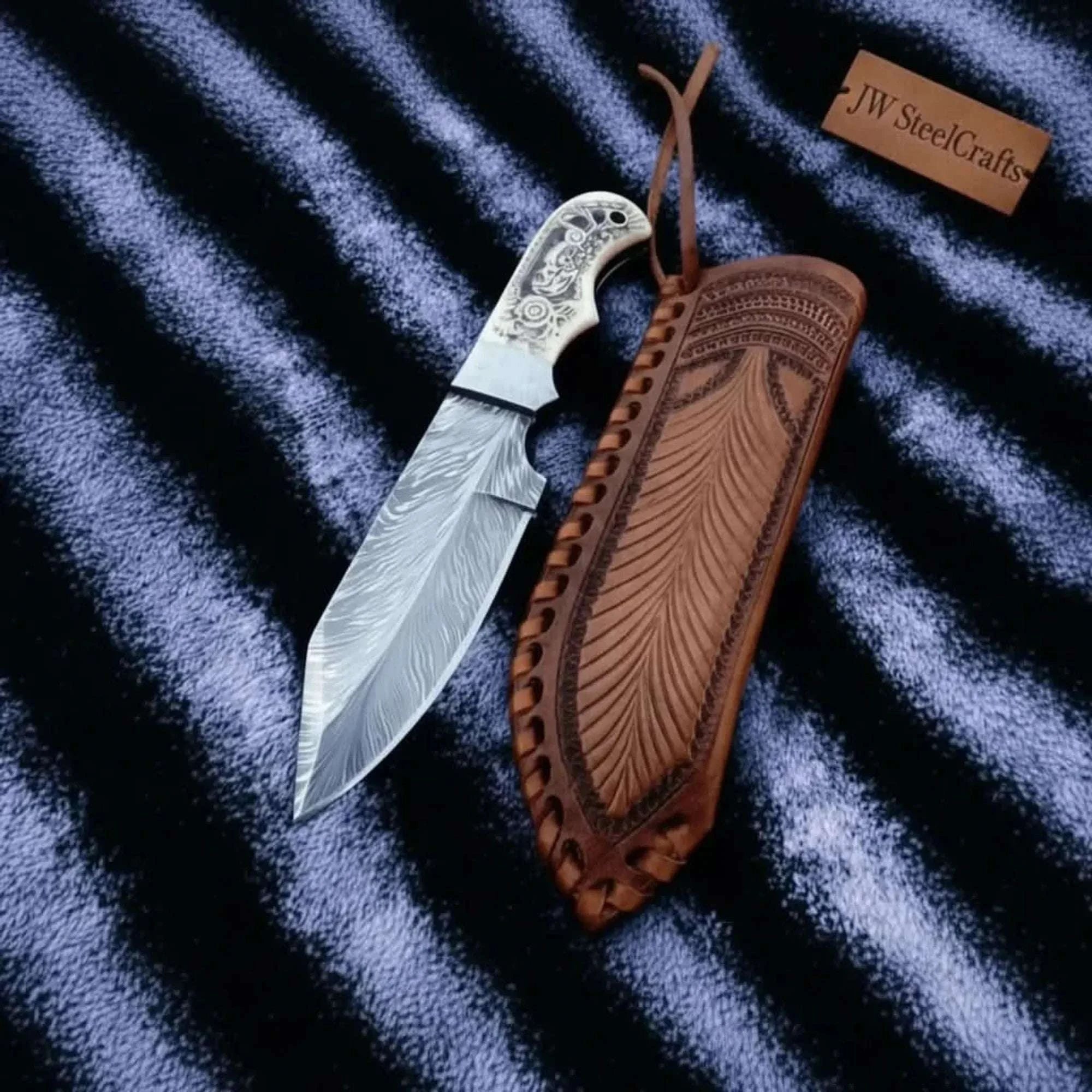 Palmarius Outdoors Handmade Damascus Drop Point Hunting Knife with Engraved Bone Handle and Leather Sheath Skinner Knife