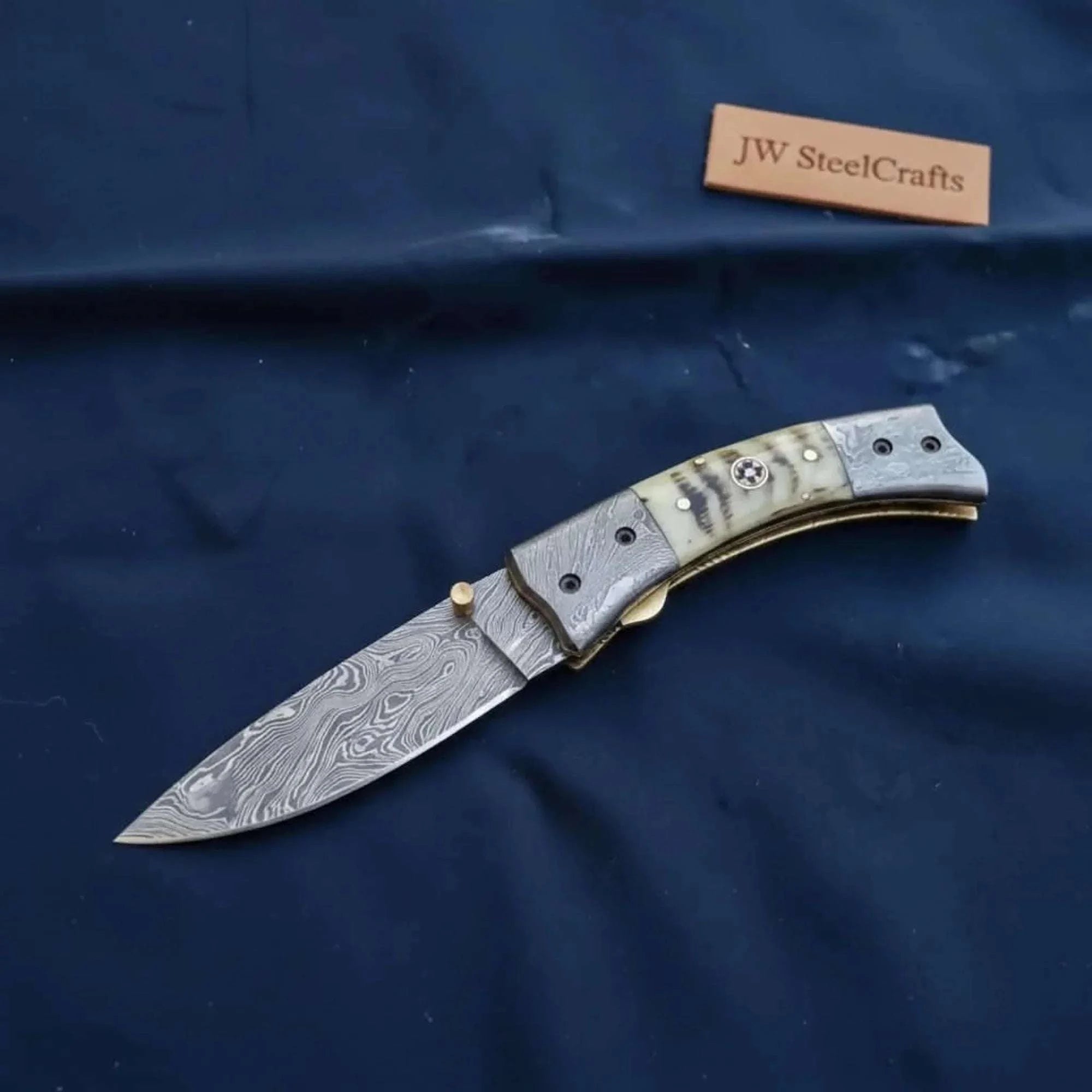 Palmarius Outdoors Swayback Damascus Folder with Damascus Bolster Caps Liner Lock Folder