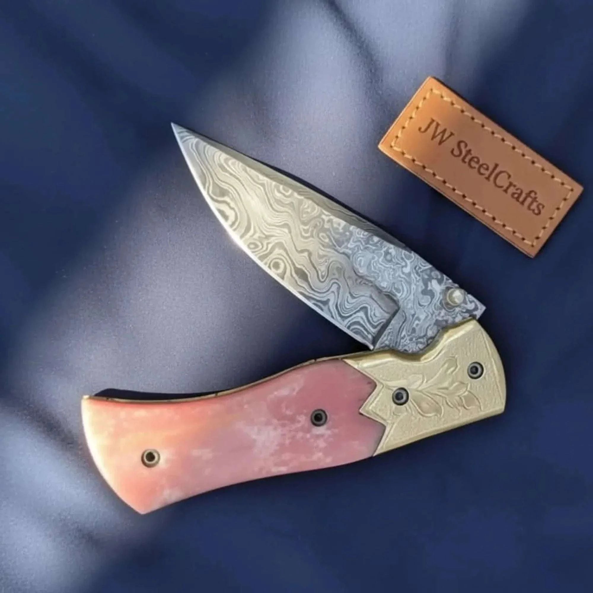 Palmarius Outdoors Engraved Bolster Folding Knife with Pink Bone Handle Liner Lock Folder
