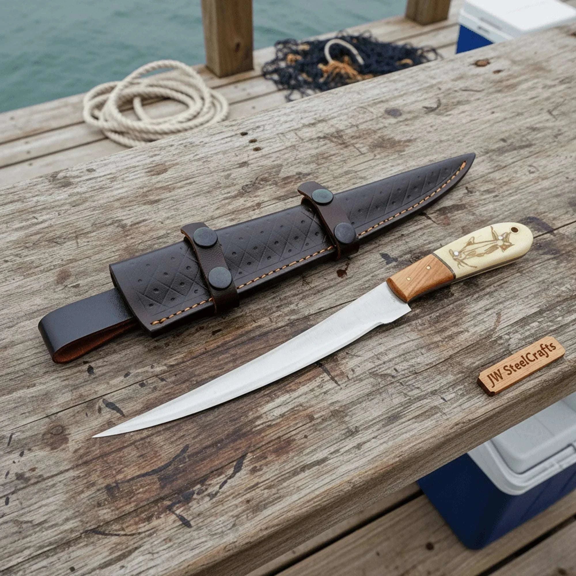 Palmarius Outdoors Handmade 13 Inch Fillet Knife with Engraved Bone and Wood Handle, Full Tang Fishing Knife with Leather Sheath Handmade Fillet Knives