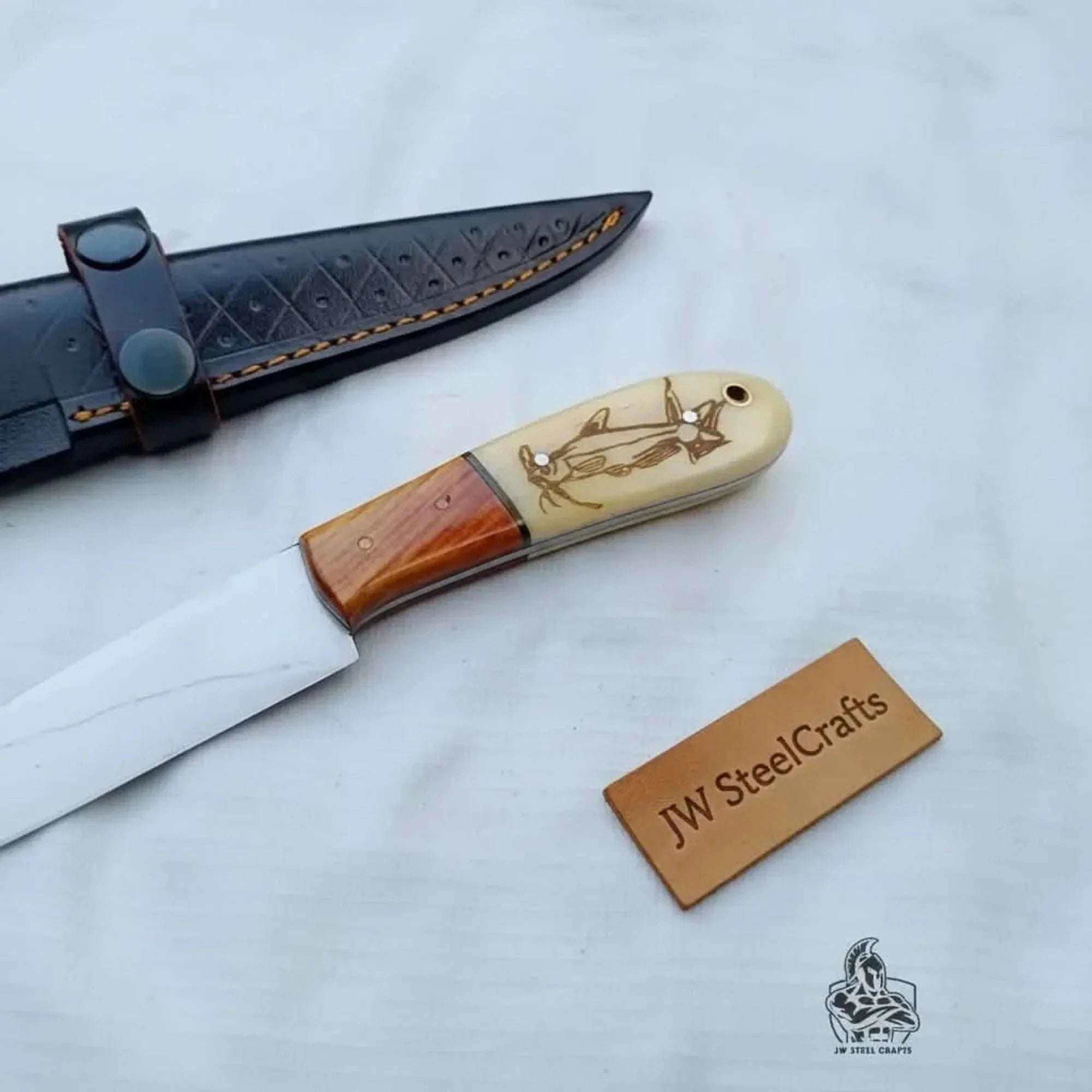 Palmarius Outdoors Handmade 13 Inch Fillet Knife with Engraved Bone and Wood Handle, Full Tang Fishing Knife with Leather Sheath Handmade Fillet Knives