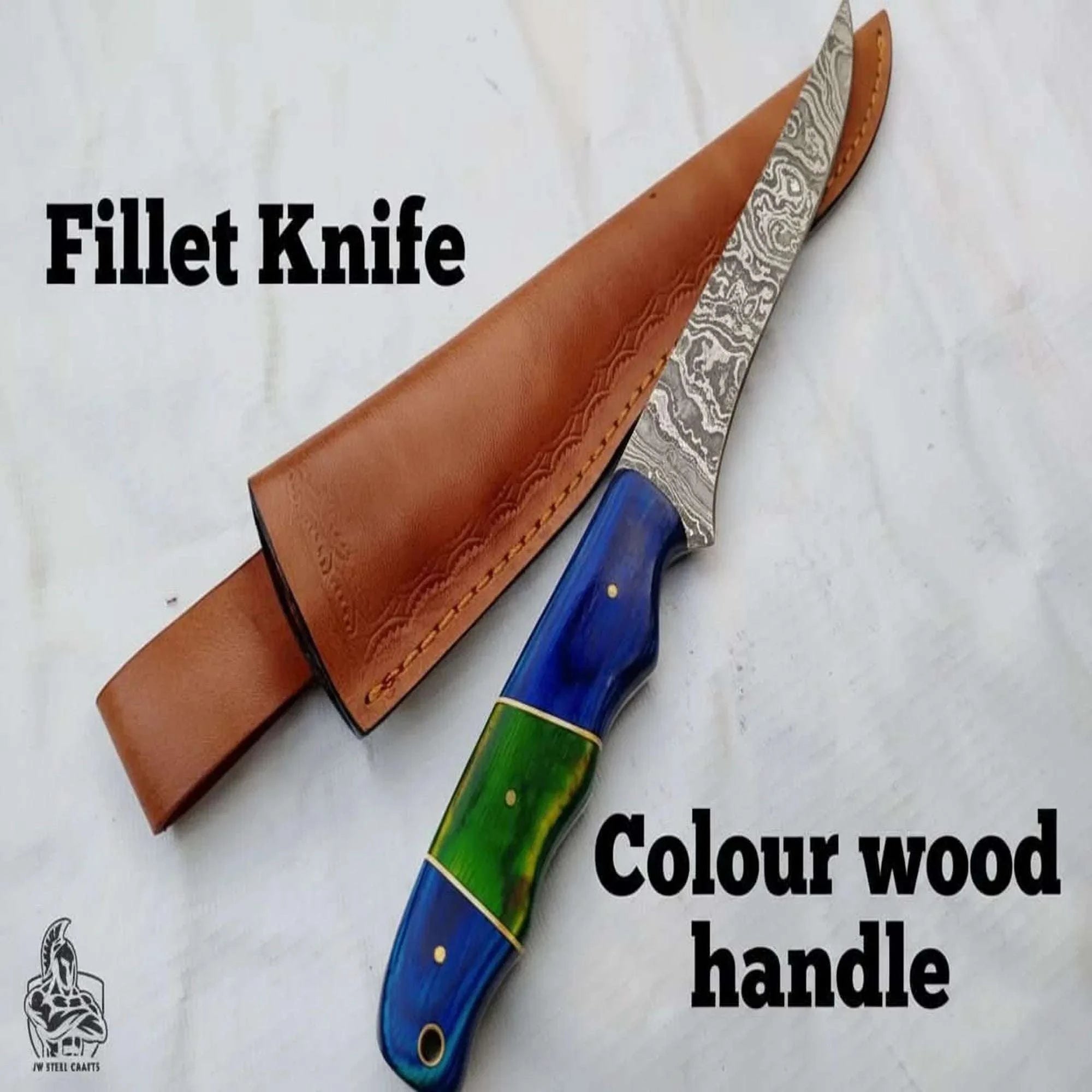 Palmarius Outdoors Handmade Damascus Fillet Knife – 10 Inch Overall, 5 Inch Precision Fish Filleting Blade with Colored Wood Handle, Full Tang Fishing Knife with Leather Sheath, JW SteelCrafts Handmade Fillet Knives