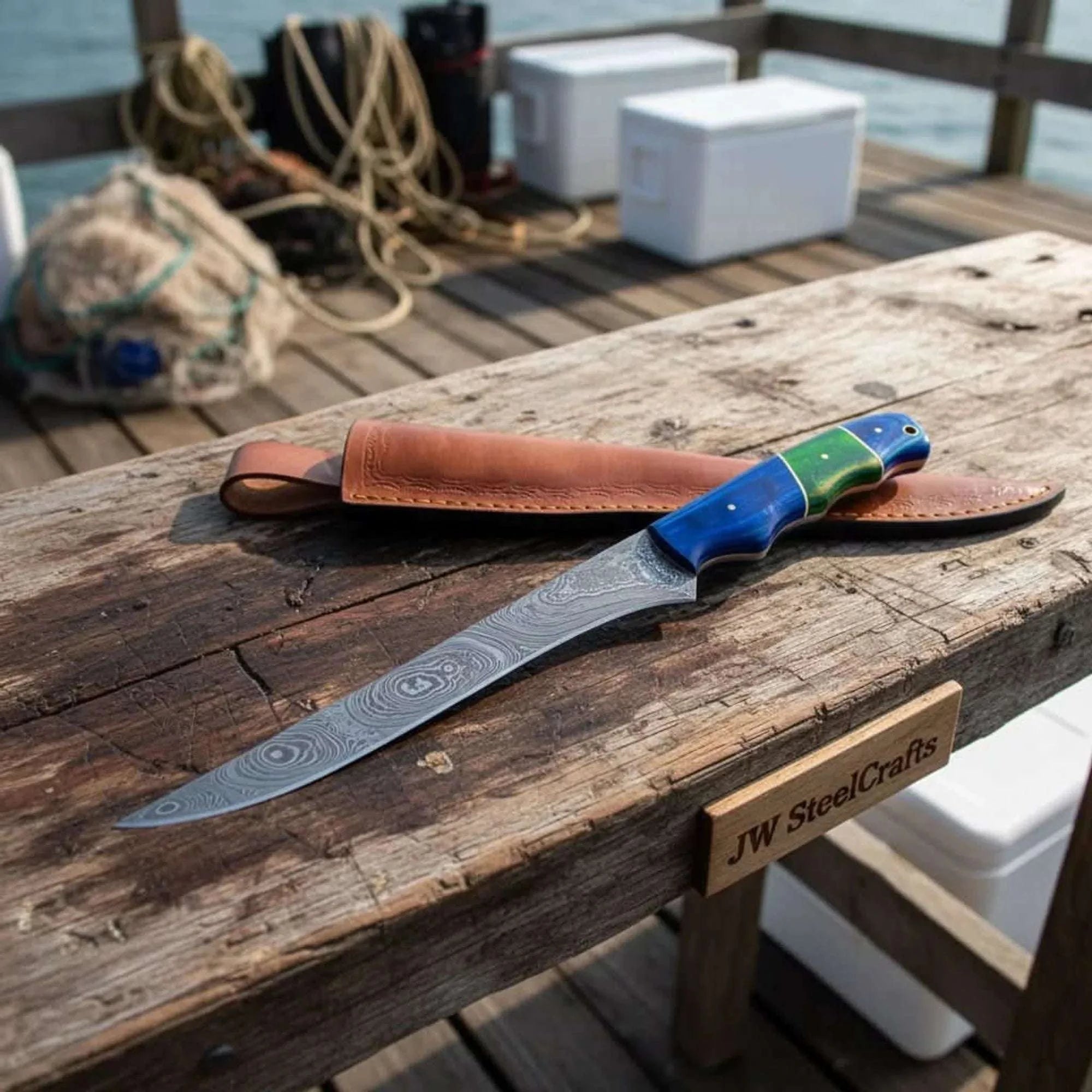 Palmarius Outdoors Handmade Damascus Fillet Knife – 10 Inch Overall, 5 Inch Precision Fish Filleting Blade with Colored Wood Handle, Full Tang Fishing Knife with Leather Sheath, JW SteelCrafts Handmade Fillet Knives