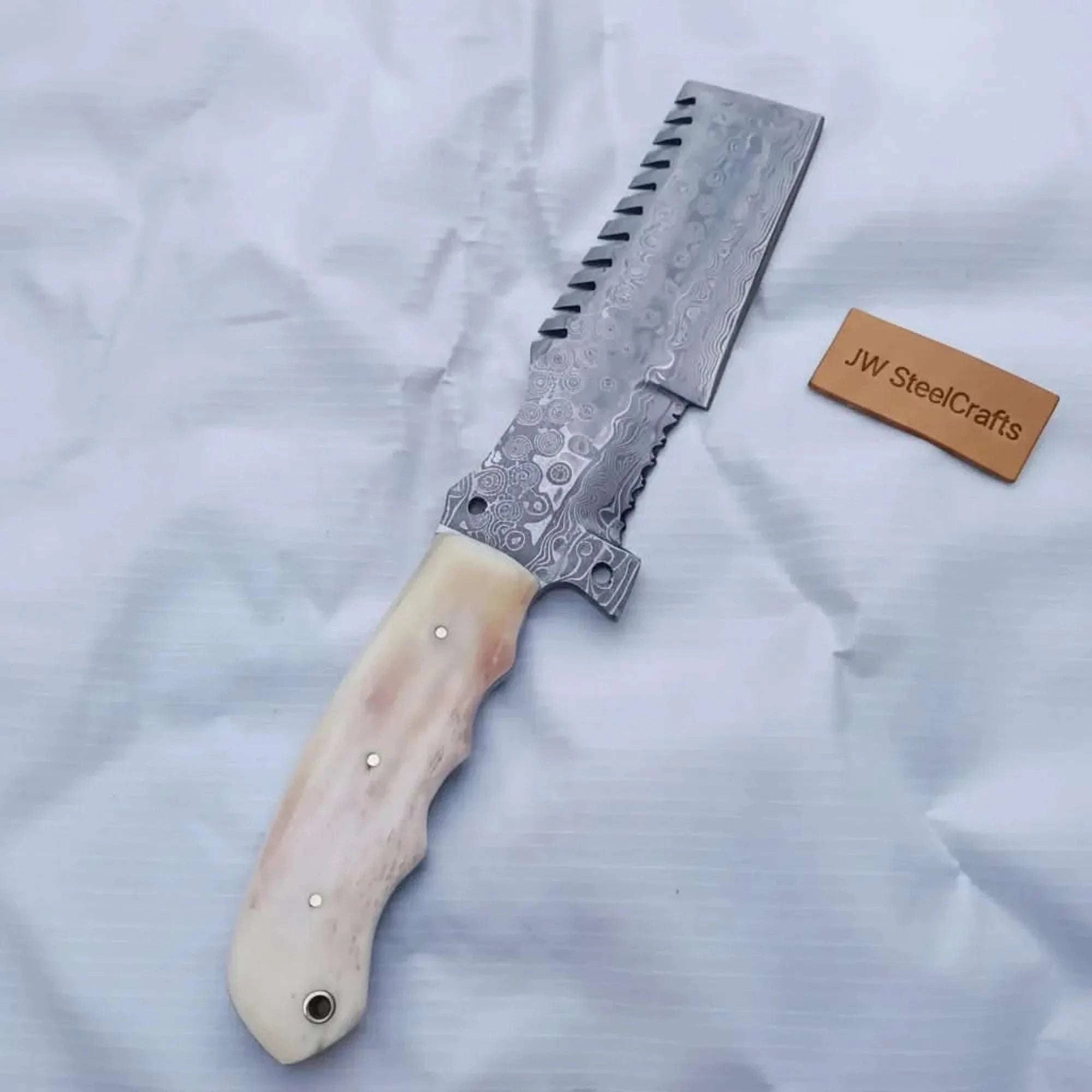 Palmarius Outdoors Handmade Damascus Tracker Knife with Bone Handle, Fixed Blade Bushcraft Survival Knife Handmade Tracker Knives