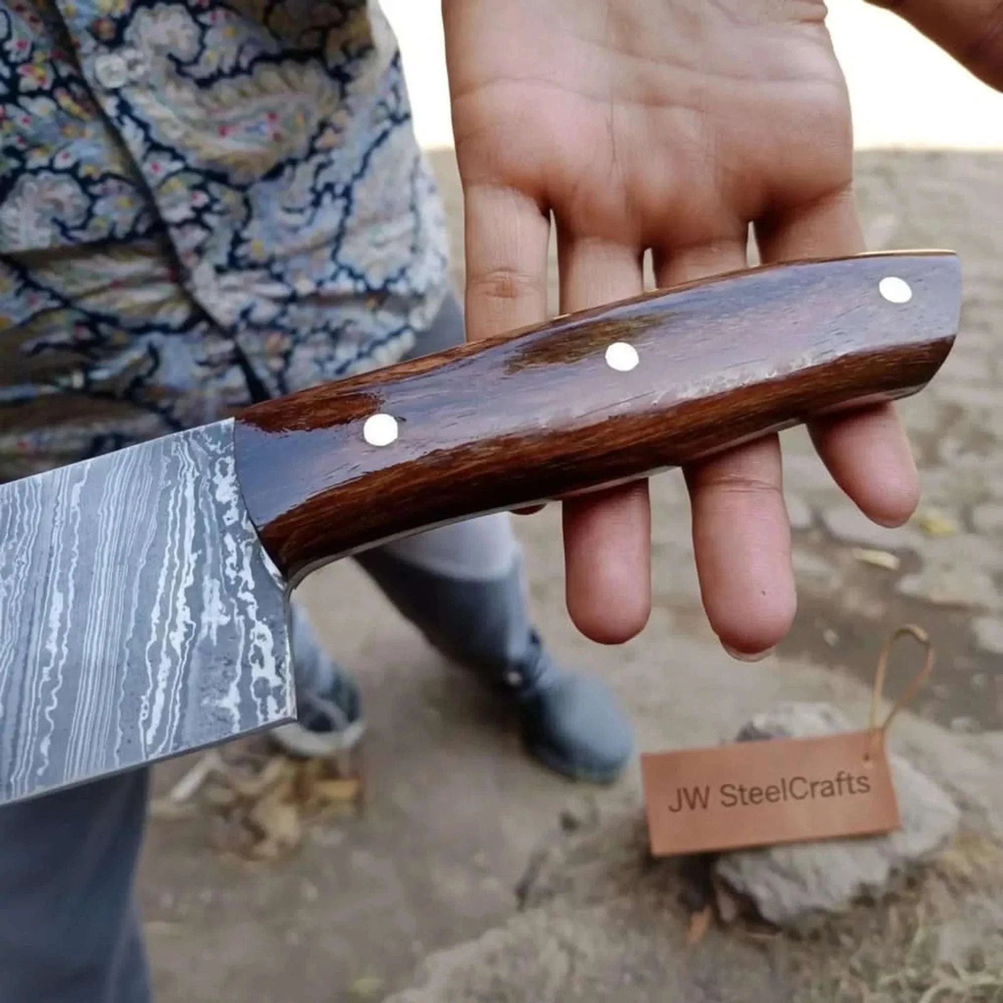 Palmarius Outdoors 12-Inch Serbian Damascus Cleaver — Rosewood Handle & Leather Sheath Cleaver Knives