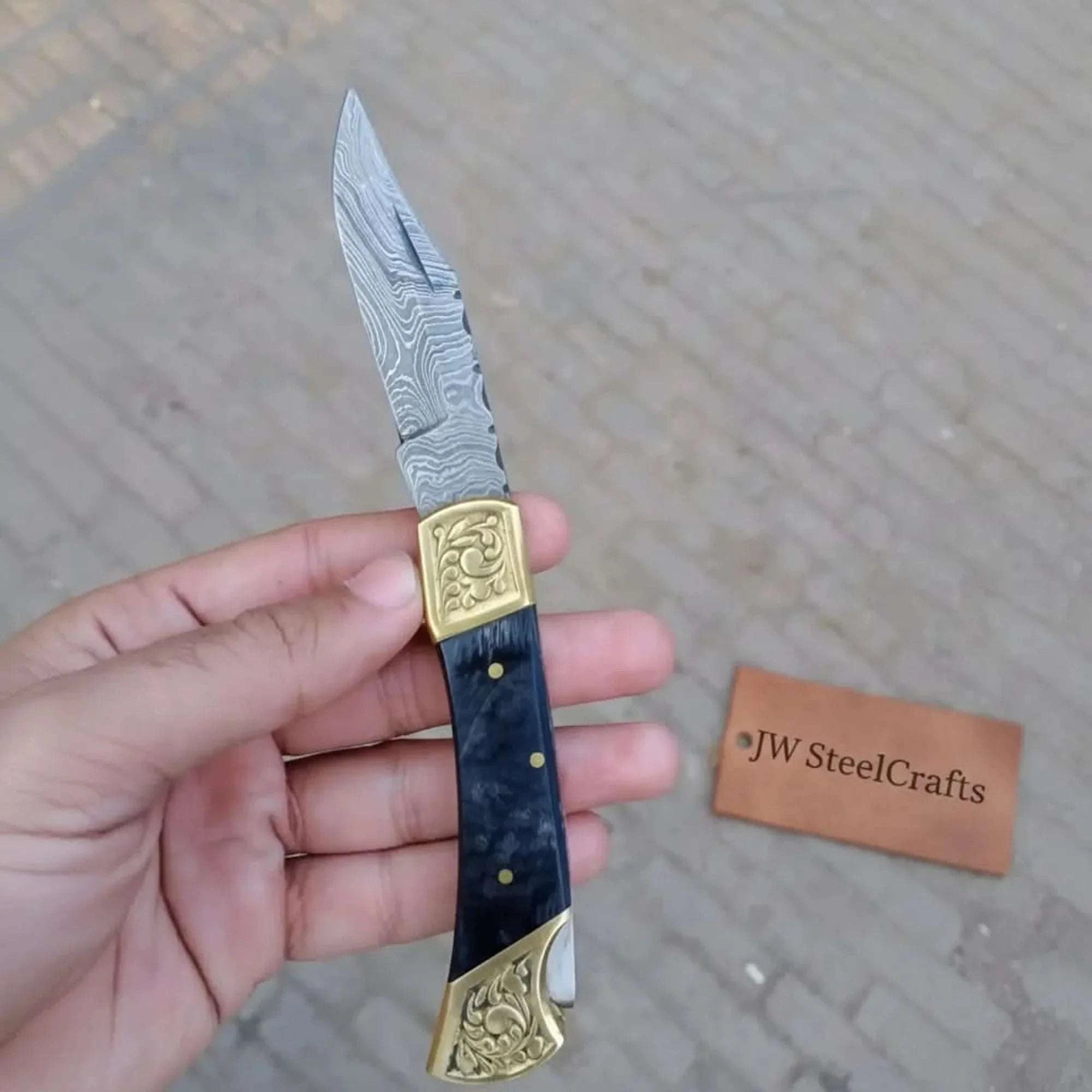Palmarius Outdoors Handmade Damascus Steel Folding Knife with Gray Micarta Handle Back Lock Folder