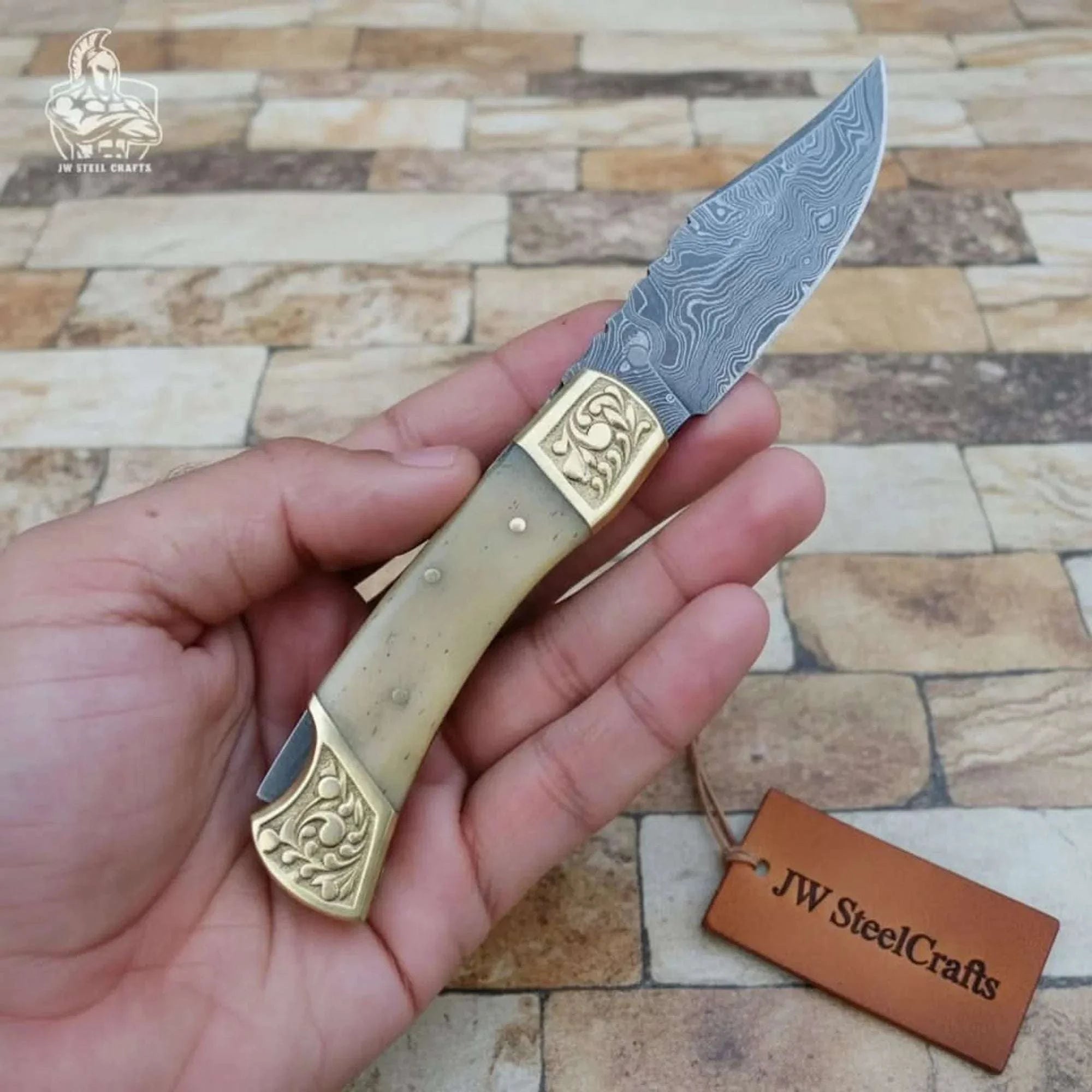 Palmarius Outdoors Handmade Damascus Steel Folding Pocket Knife with Bone Handle & Engraved Brass Bolsters Back Lock Folder