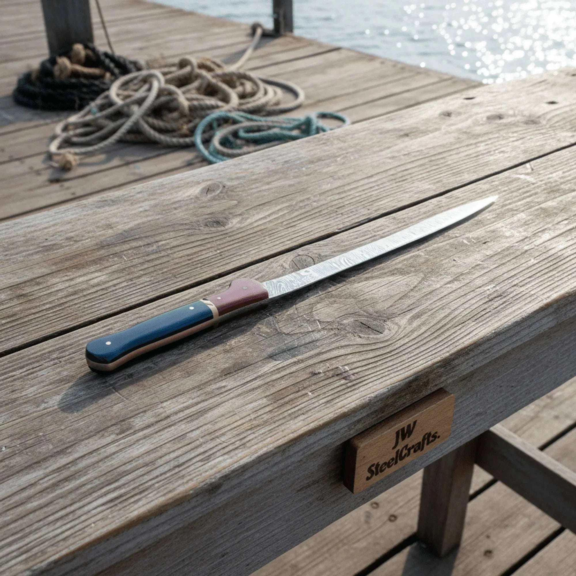 Palmarius Outdoors 13-Inch Forged Damascus Boning & Fillet Knife — Blue and Red Two-Tone Resin Handle, Steel Bolster & Silver Pins Handmade Boning Knives