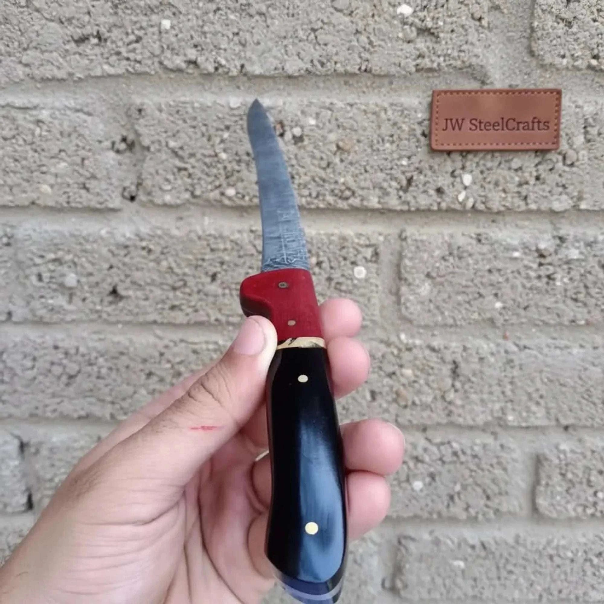 Palmarius Outdoors 13-Inch Forged Damascus Boning & Fillet Knife — Blue and Red Two-Tone Resin Handle, Steel Bolster & Silver Pins Handmade Boning Knives