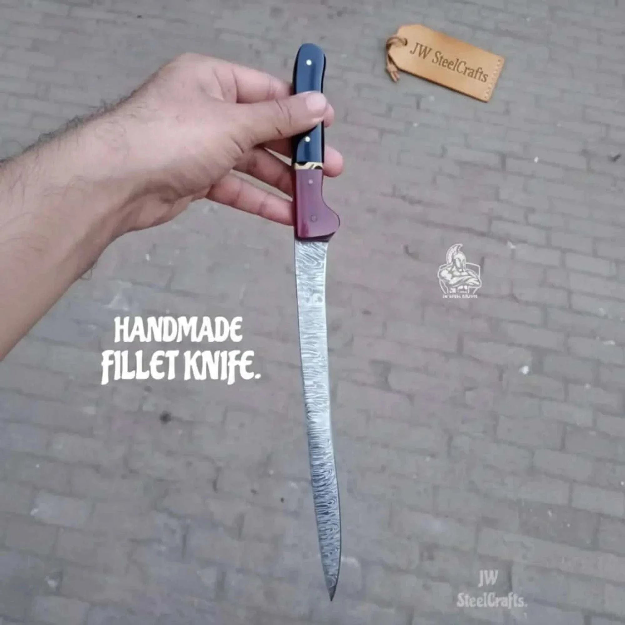 Palmarius Outdoors 13-Inch Forged Damascus Boning & Fillet Knife — Blue and Red Two-Tone Resin Handle, Steel Bolster & Silver Pins Handmade Boning Knives