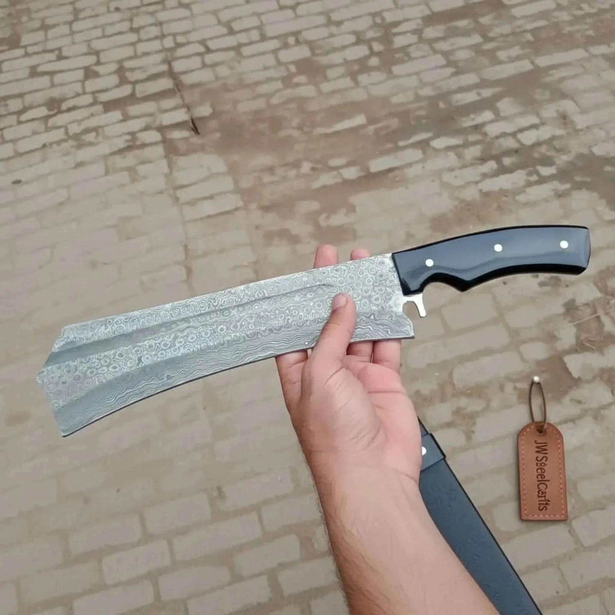 Palmarius Outdoors Forged Damascus K-Tip Nakiri Knife Raindrop Pattern Blade, Black Resin Handle Cleaver Knives