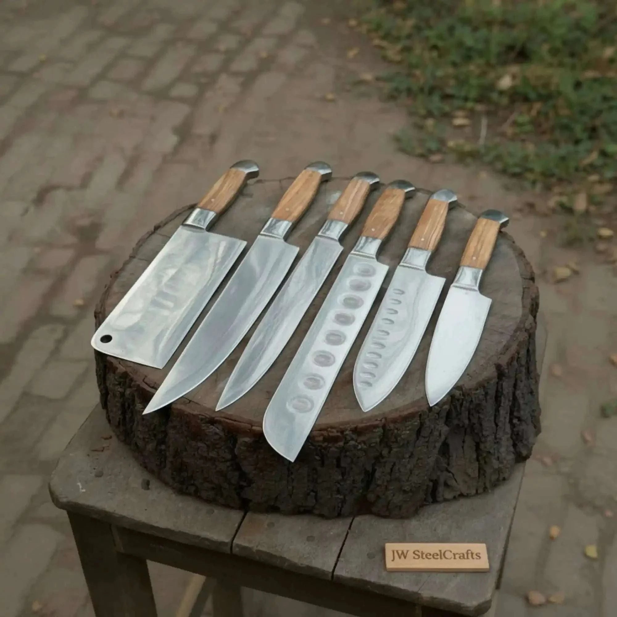 Palmarius Outdoors 7-Piece Stainless Steel Kitchen Knife Set — Olive Wood Handles, Steel Bolsters and Leather Kit 