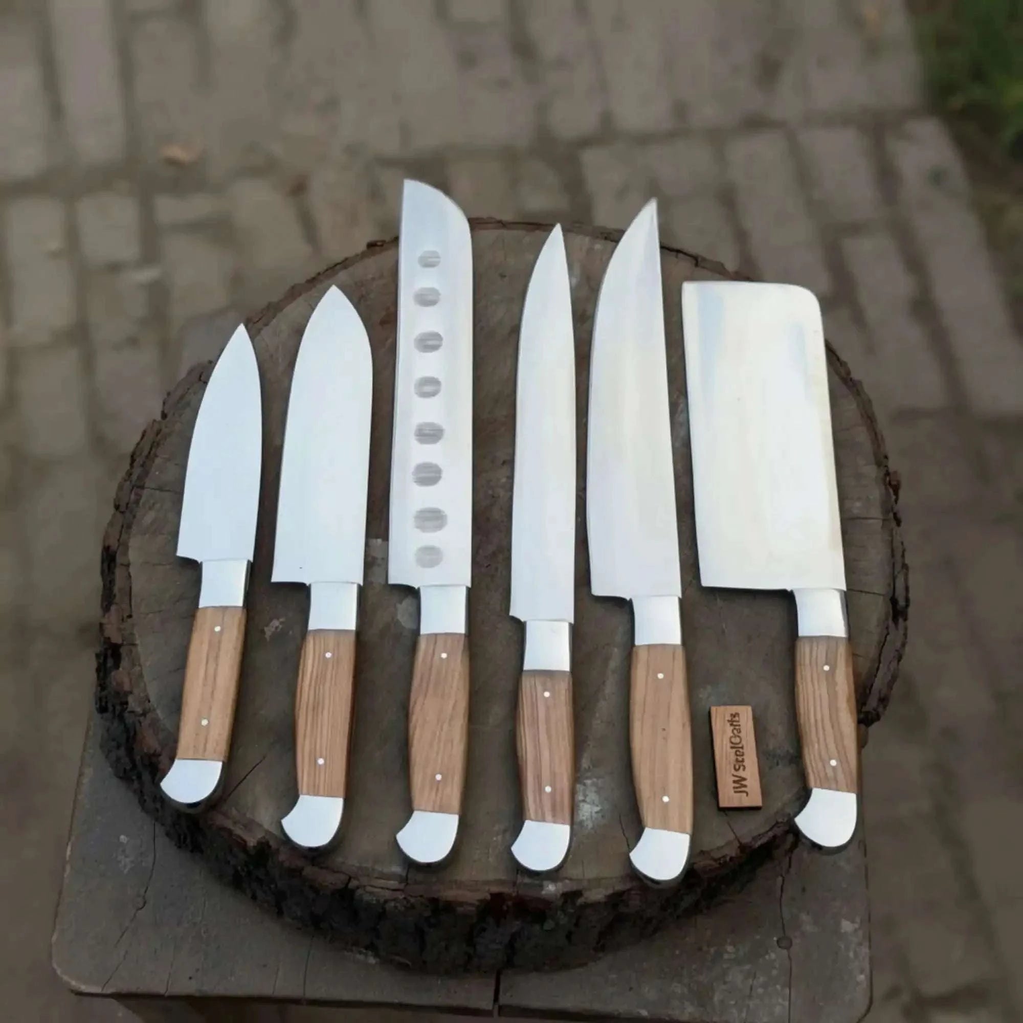 Palmarius Outdoors 7-Piece Stainless Steel Kitchen Knife Set — Olive Wood Handles, Steel Bolsters and Leather Kit 