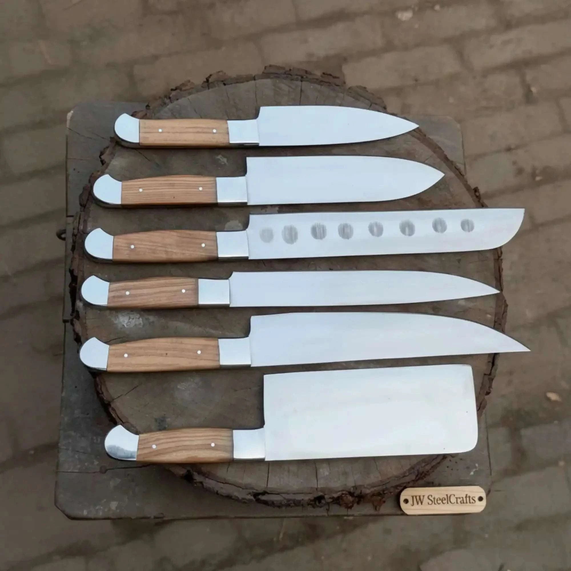 Palmarius Outdoors 7-Piece Stainless Steel Kitchen Knife Set — Olive Wood Handles, Steel Bolsters and Leather Kit 