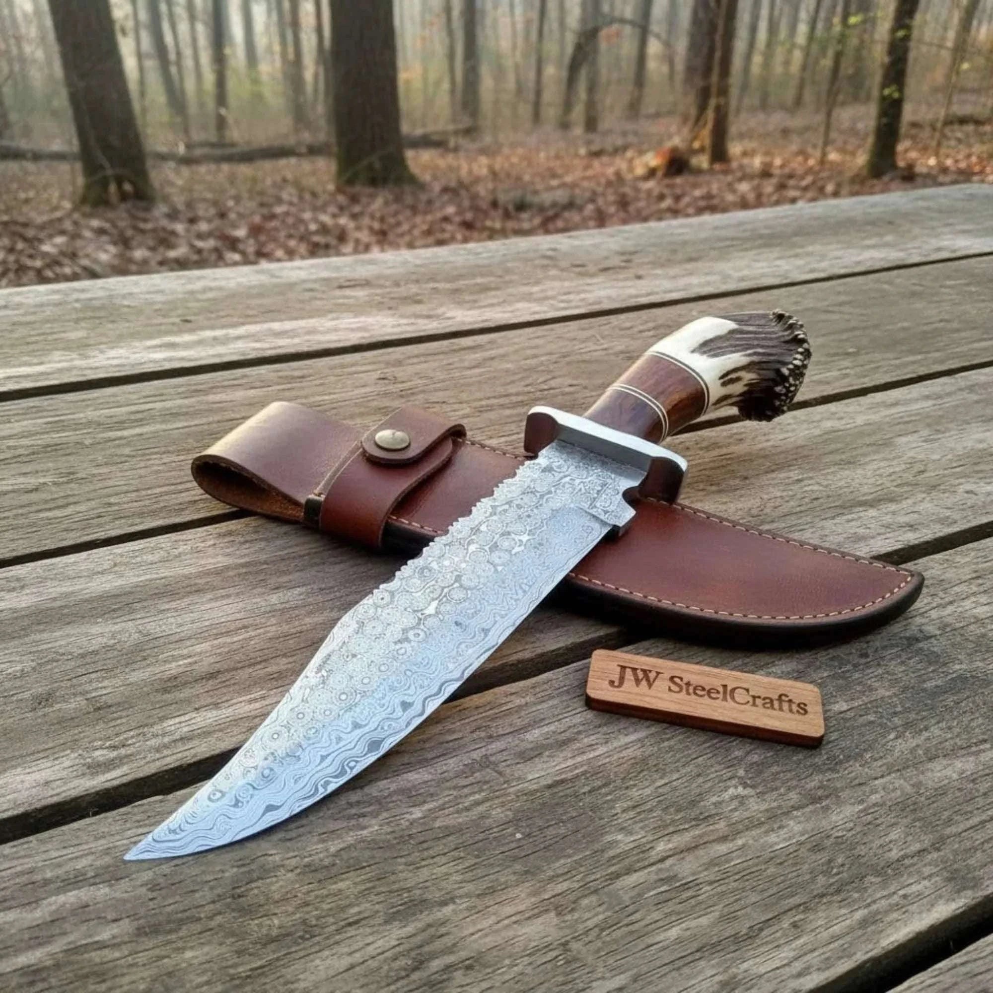 Palmarius Outdoors Sheffield Clip Point Bowie Knife with Damascus Steel and Crown Stag Bowie Knives
