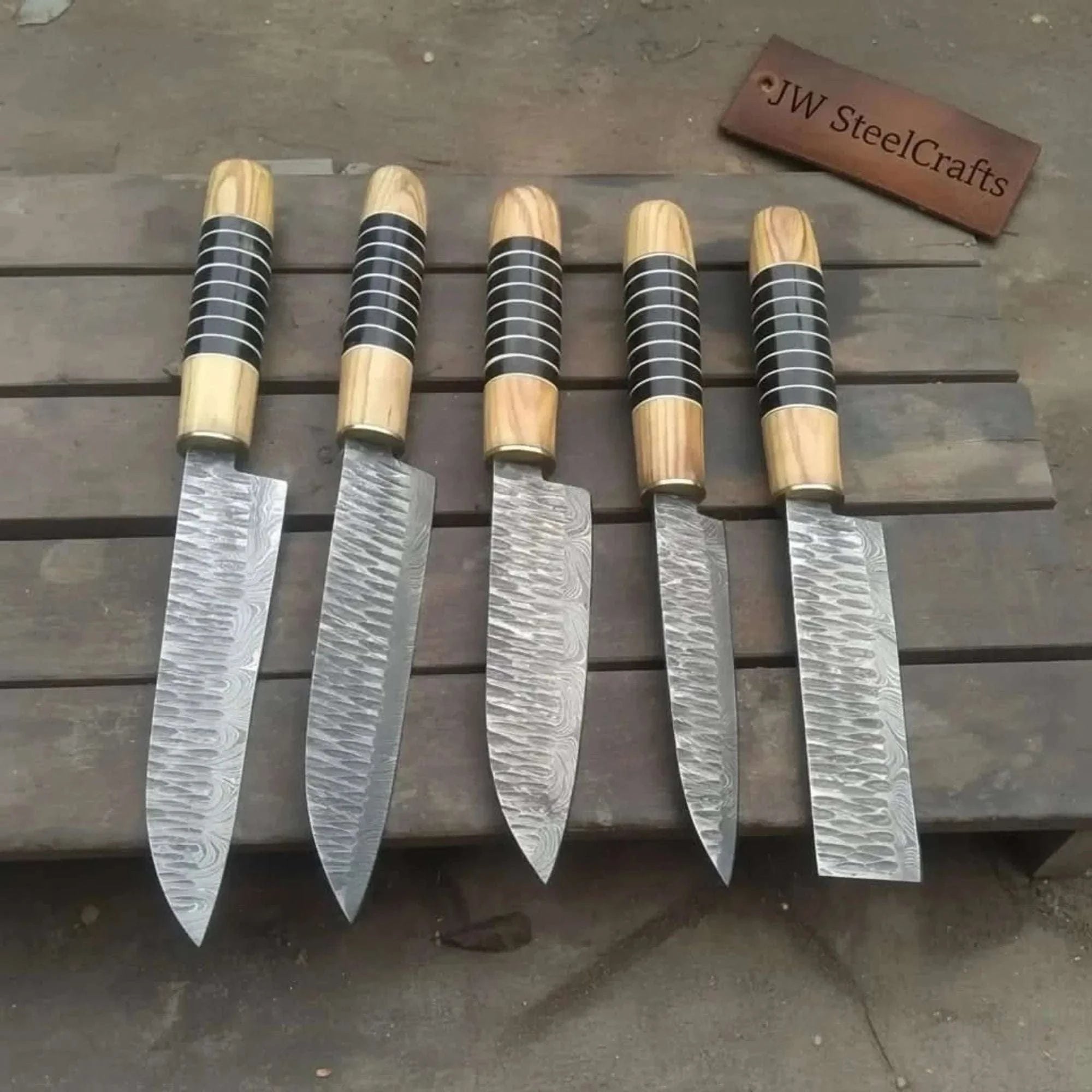 Palmarius Outdoors Hand Forged 5-Piece Damascus Chef Knife Set — Olive Wood & Black Resin Handles Handmade Chef Knife Sets